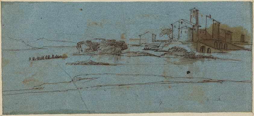 Buildings on a River Bank [verso] — Master of the Blue Landscapes