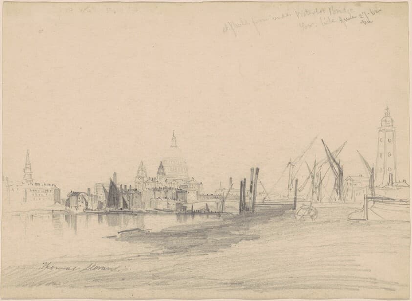St. Paul's from Under Waterloo Bridge, Low Tide — Thomas Moran