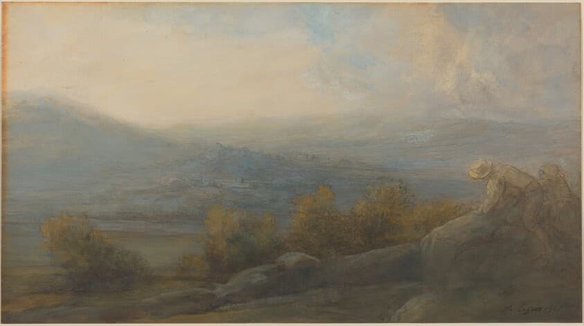 Mountain Landscape with two Figures at the Right — Alphonse Legros