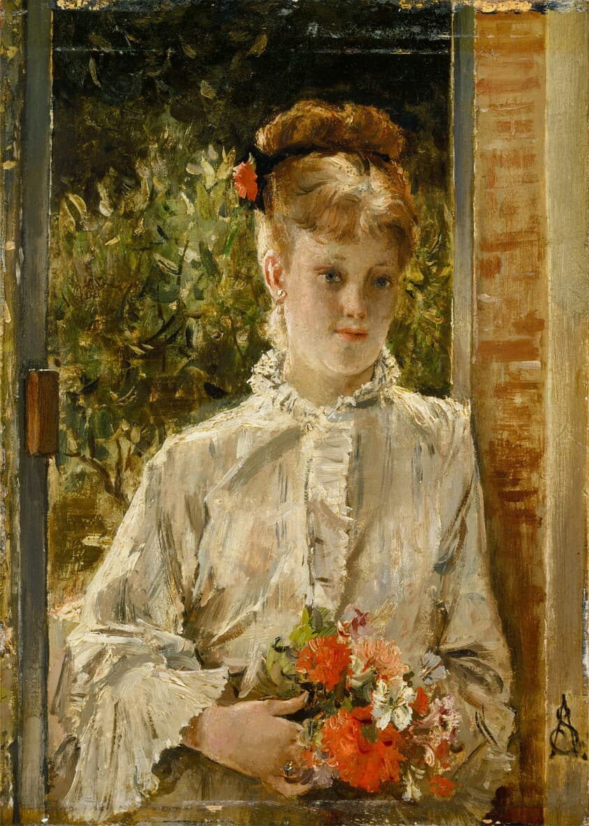 Young Woman in White Holding a Bouquet — Alfred Stevens
