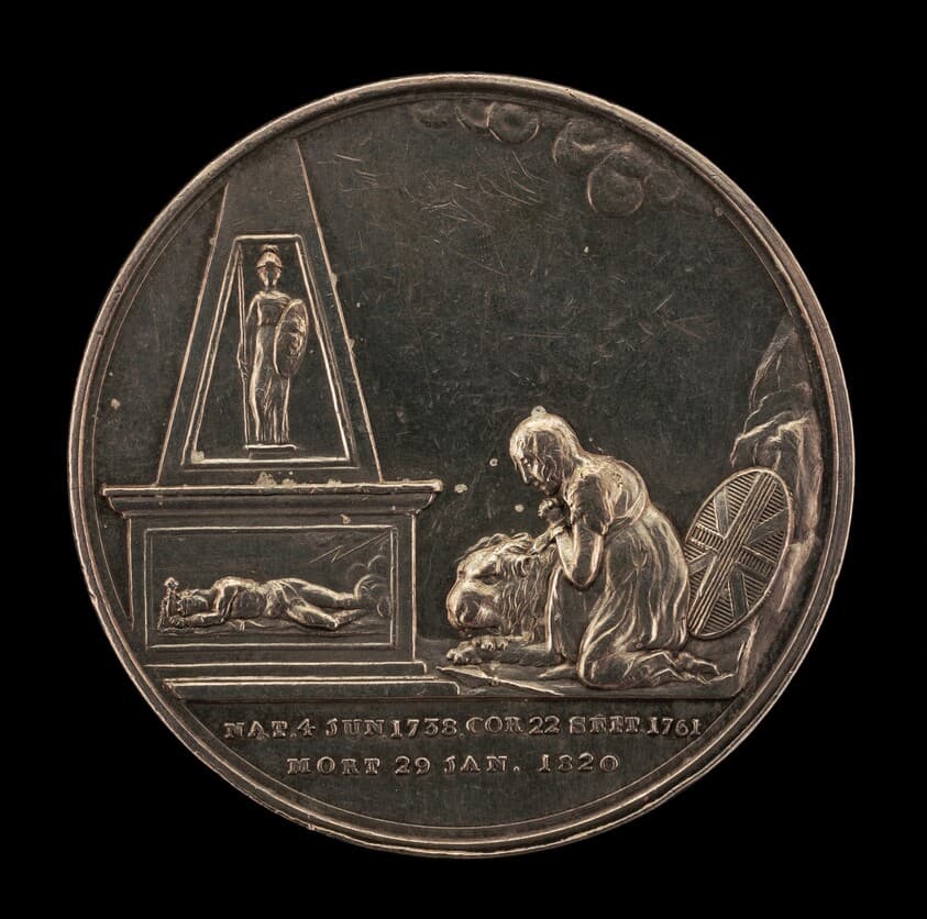 Britannia Grieving before Monument of the Stricken King, Guarded by Pallas [reverse] — John Marrian