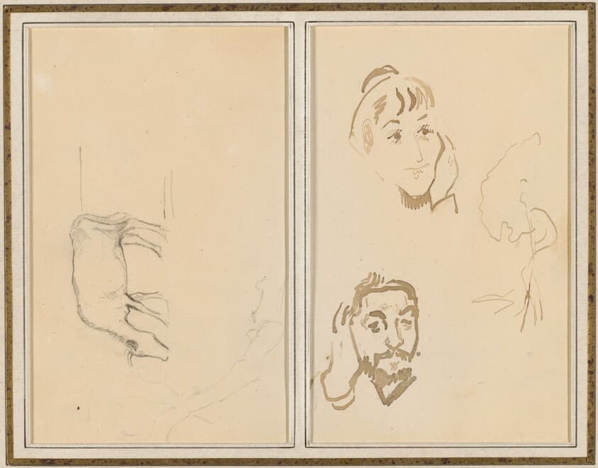 A Grazing Cow; Head of a Woman with Her Hand on Her Cheek, and Head of a Man with His Hand on His Ear [verso] — Paul Gauguin