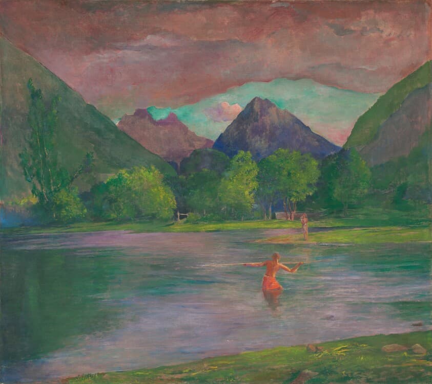 The Entrance to the Tautira River, Tahiti. Fisherman Spearing a Fish — John La Farge