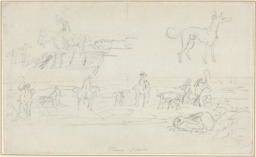 Huntsmen with Hounds and a Crouching Hare [recto] — James Seymour