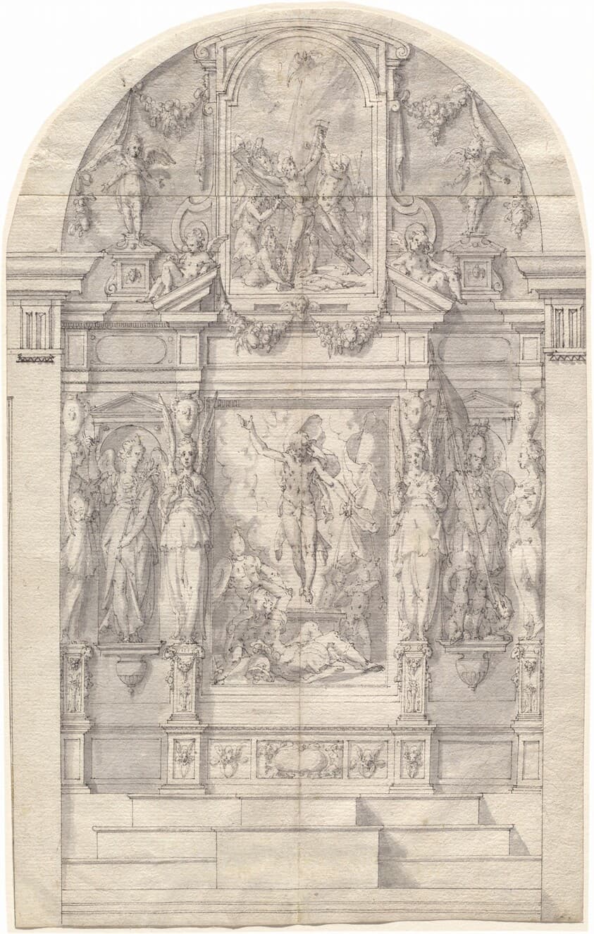 An Elaborate Altar with the Resurrection of Christ and the Martyrdom of Saint Andrew — Friedrich Sustris