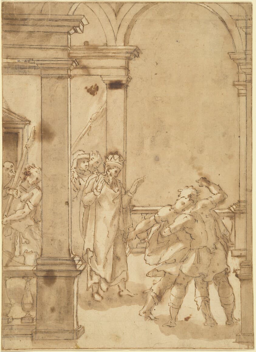 Two Figures Struggling before a King — Cesare Nebbia