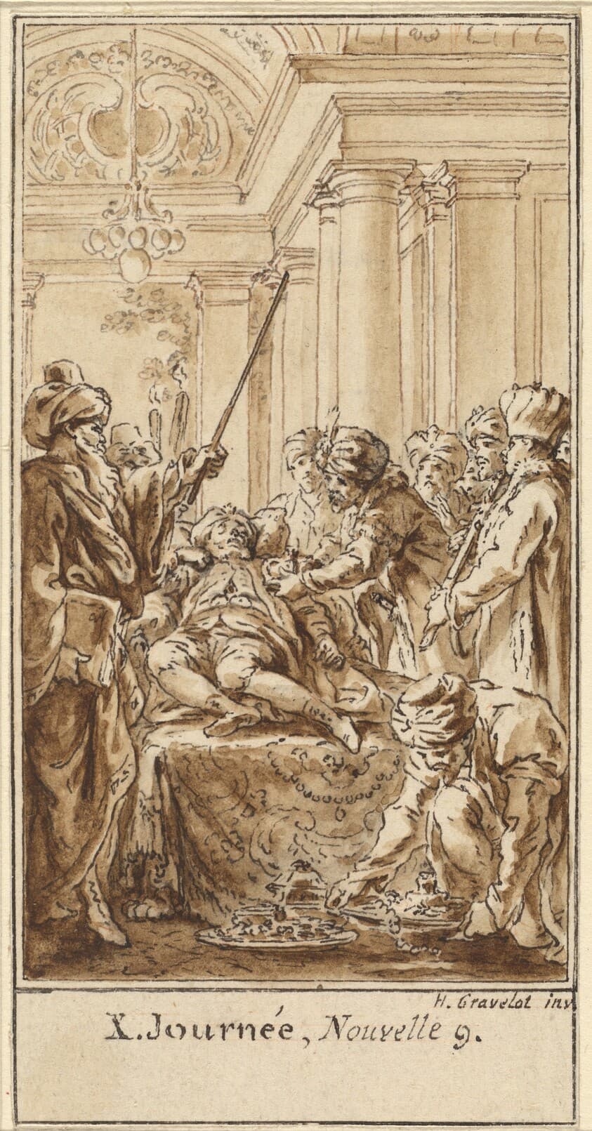 Tenth Day, Ninth Story: Saladin Bestows Rich Gifts on the Sleeping Torello — Hubert François Gravelot