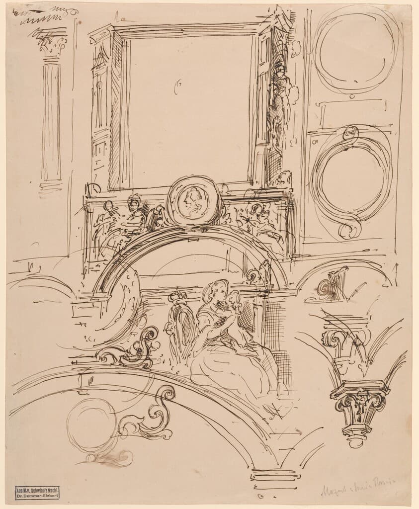 Architectural Details for a Wall Decoration with Empress Maria Theresia Embracing the Young Wolfgang Amadeus Mozart — Moritz von Schwind