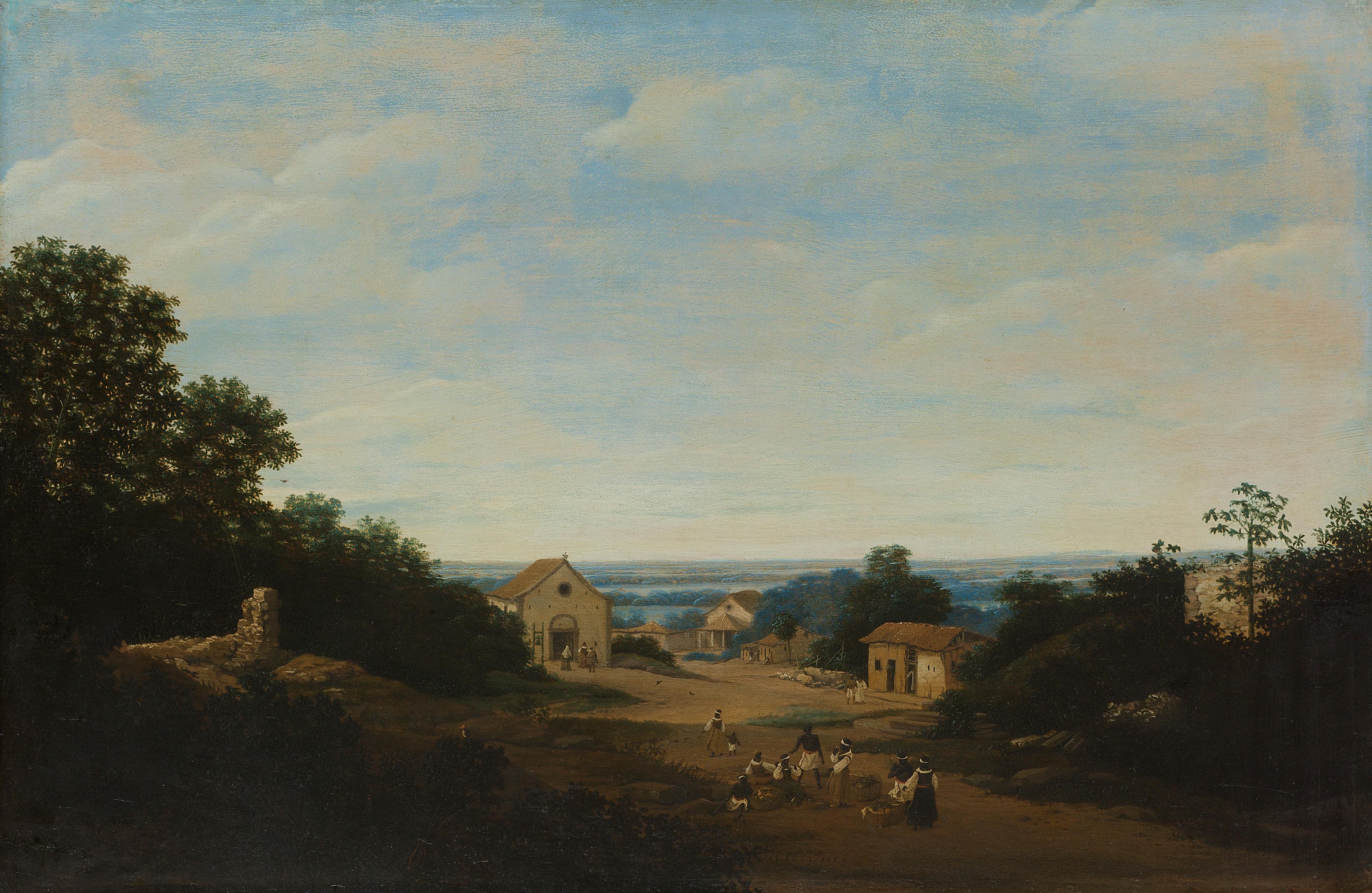 Brazilian landscape with the village of Igaraçú. To the left the church of Sts Cosmas and Damian — Frans Jansz Post