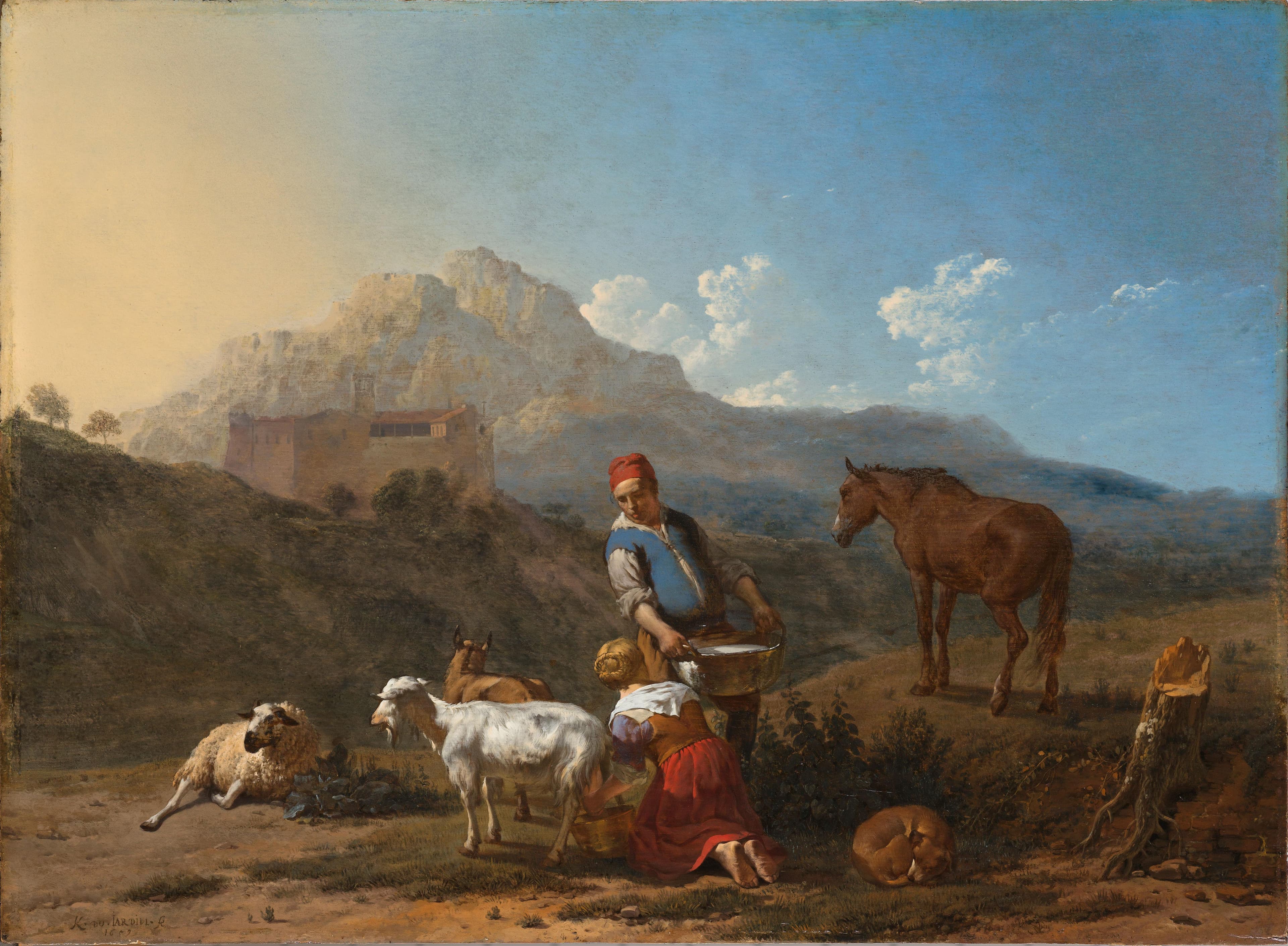 Italiaans landschap met geitenmelkster — Karel du Jardin