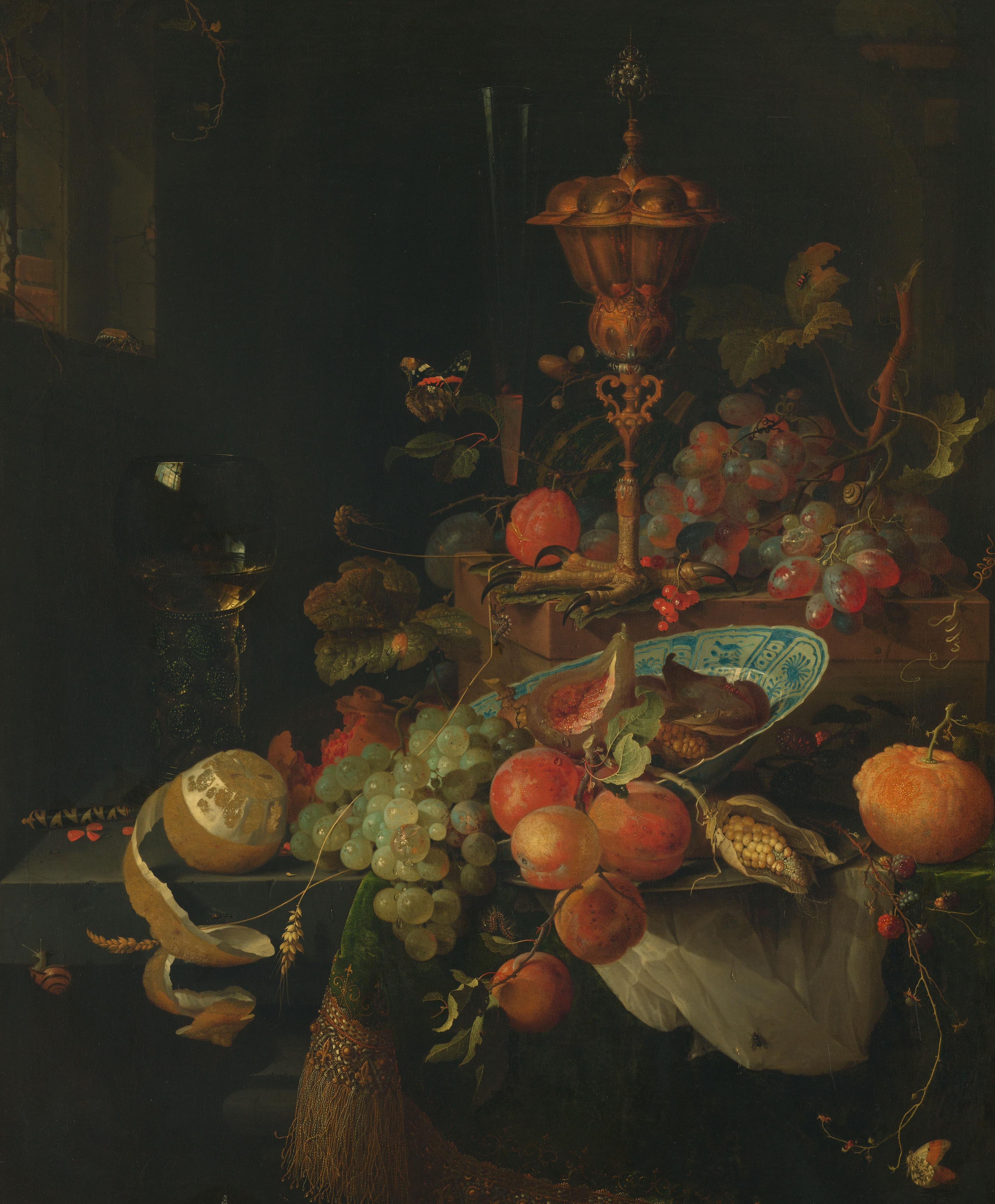 Stilleven met vruchten en bokaal op hanenpoot — Abraham Mignon