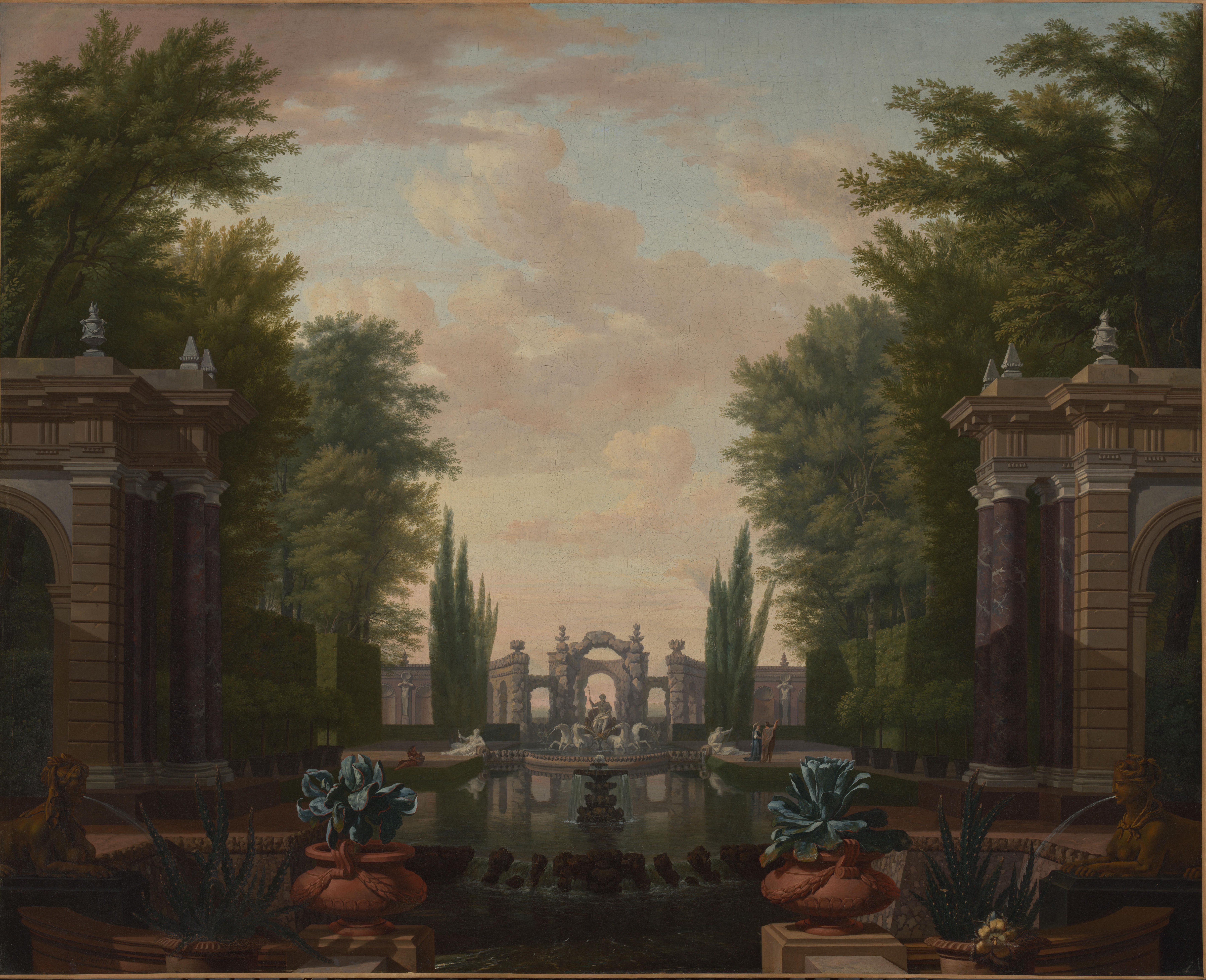 Waterpartij met beelden en gebouwen in een park — Isaac de Moucheron
