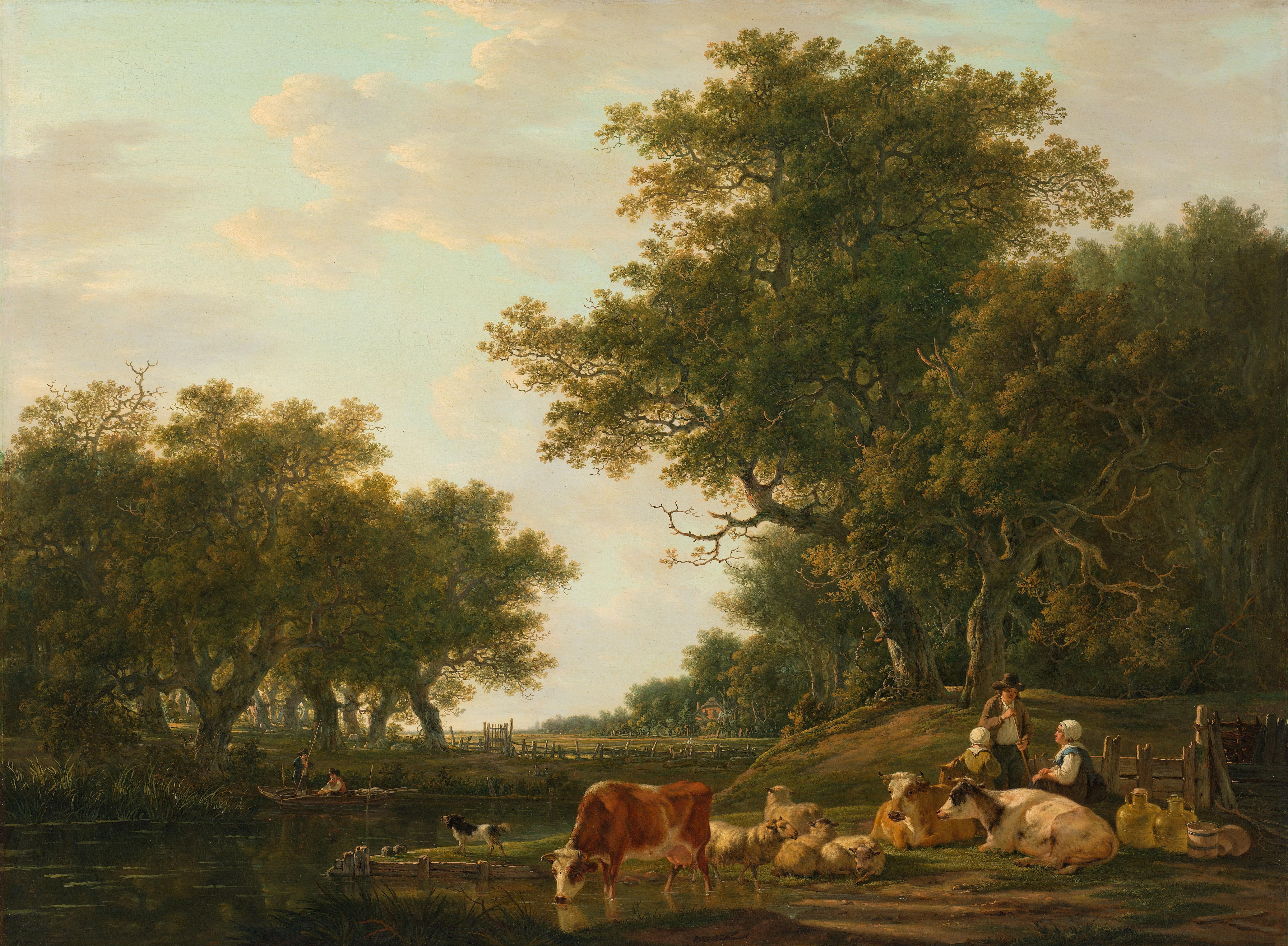 Landschap met landlieden bij hun vee en hengelaars op het water — Jacob van Strij