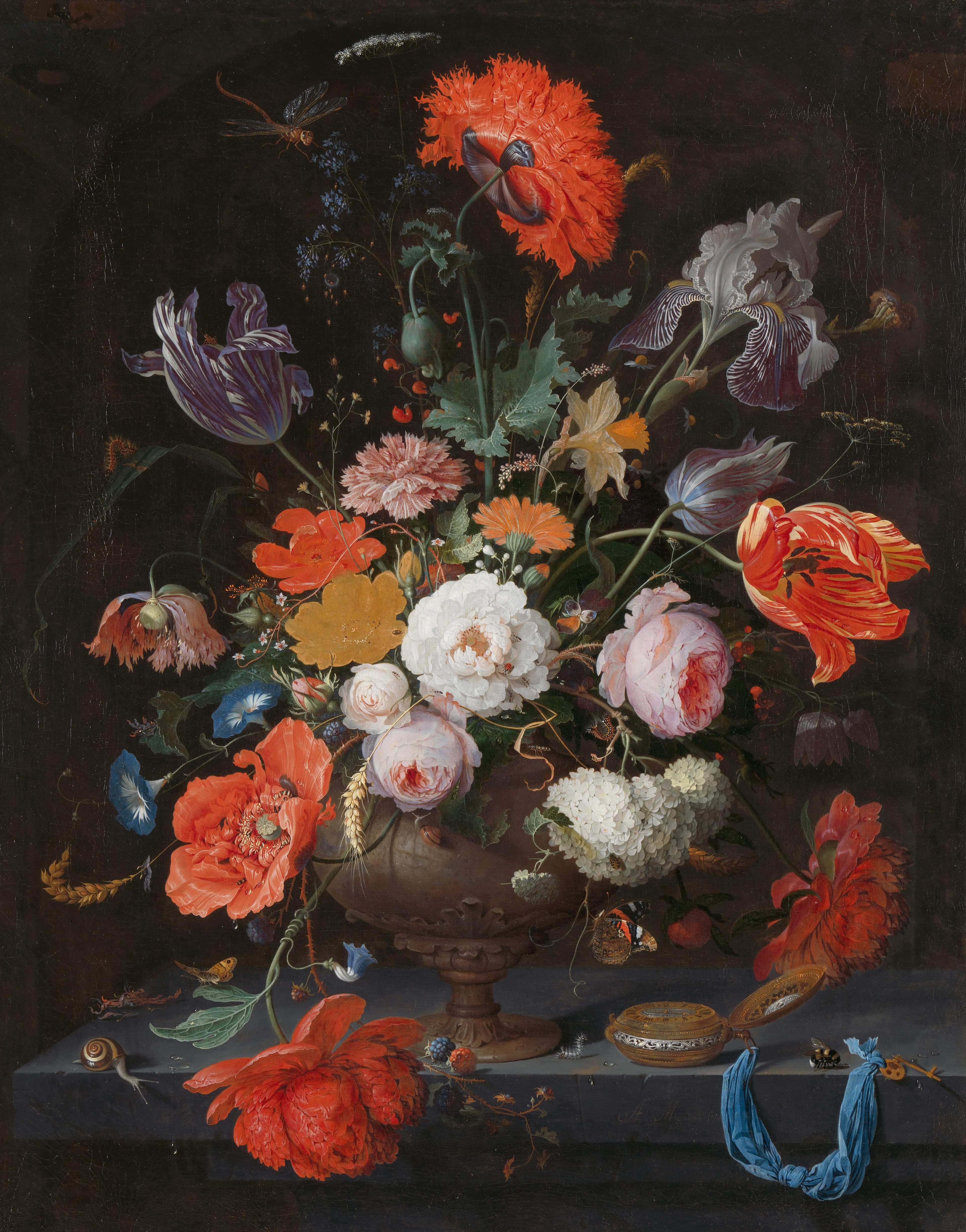 Stilleven met bloemen en een horloge — Abraham Mignon