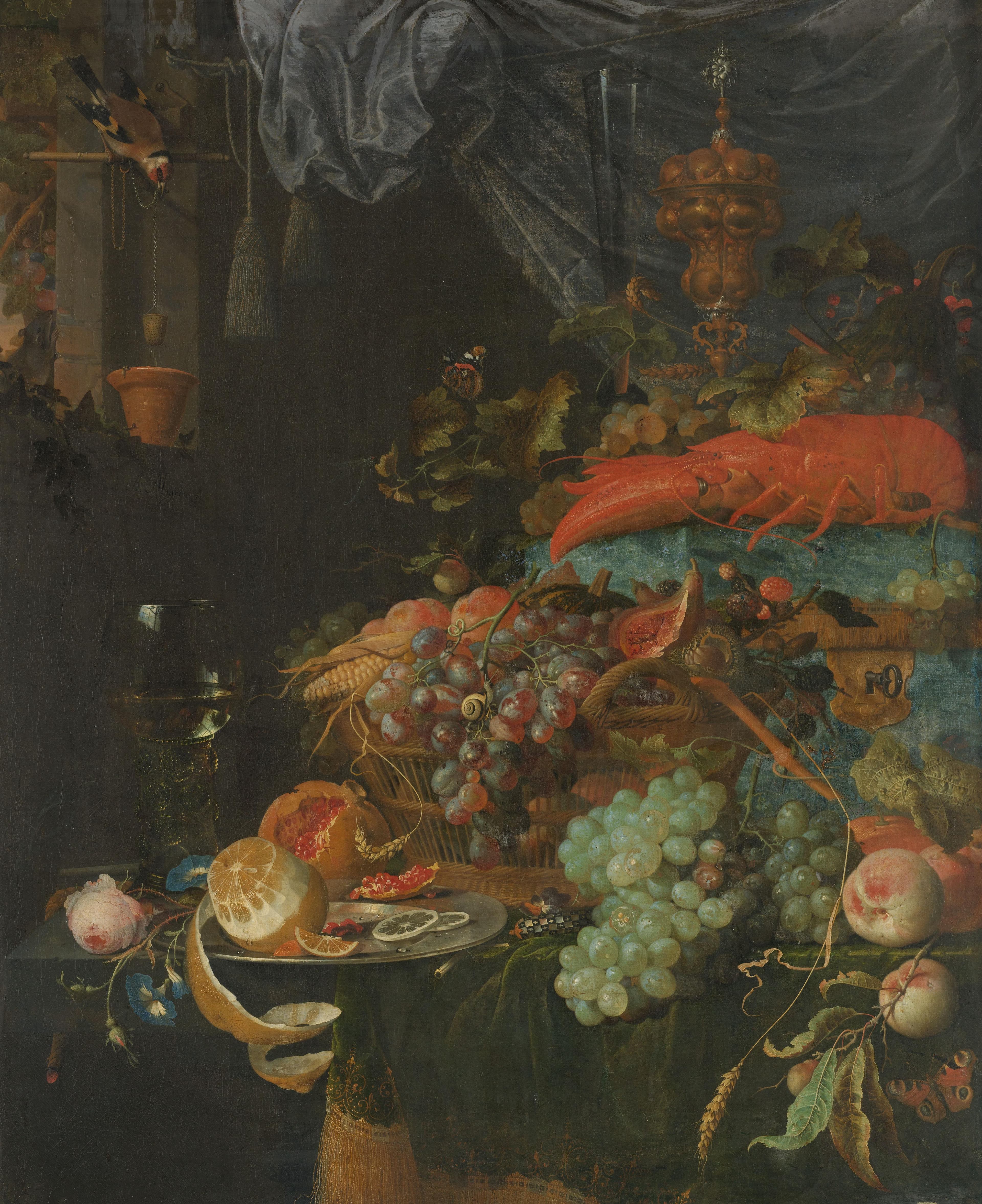 Stilleven met vruchten en een puttertje — Abraham Mignon