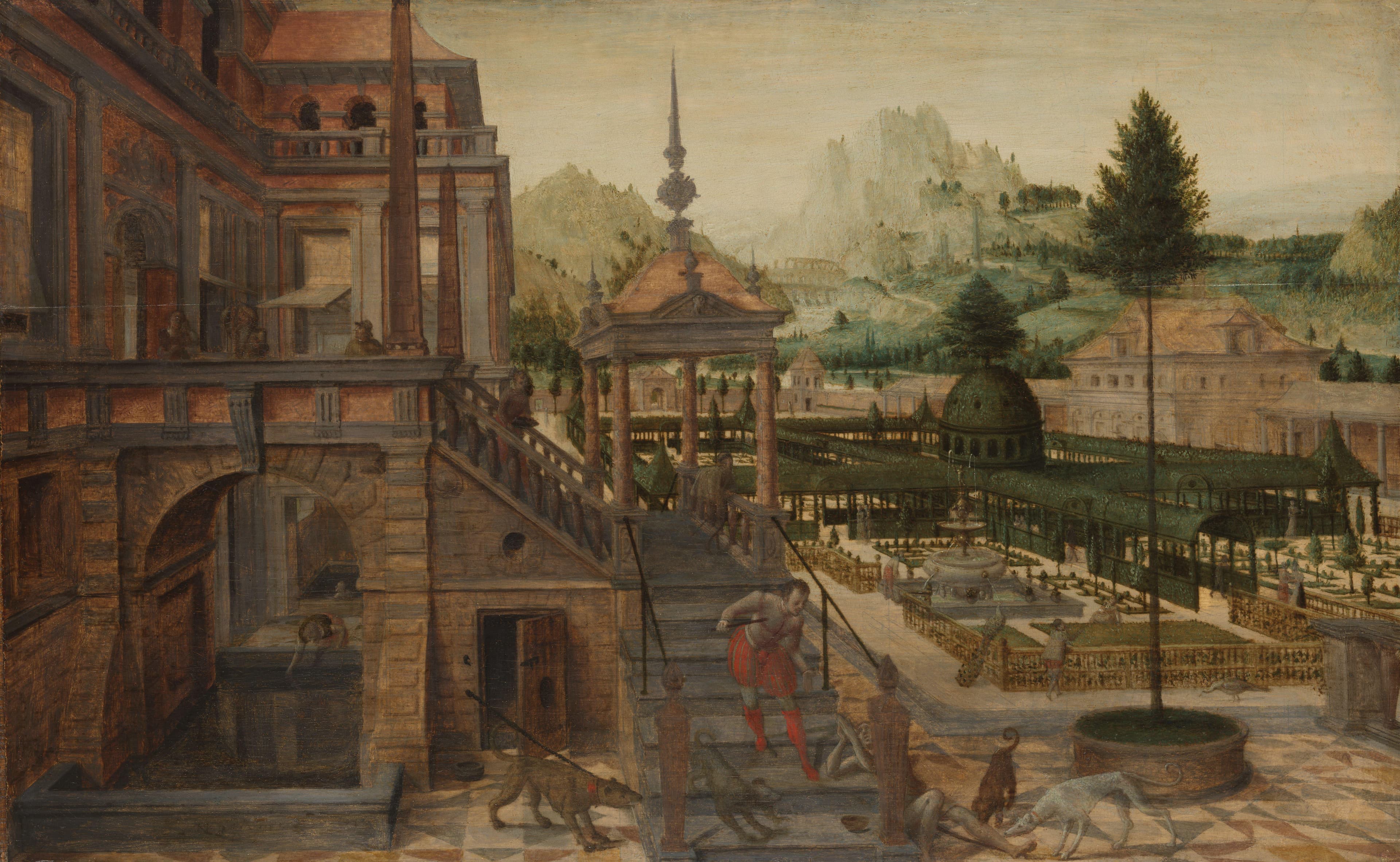 Parkaanleg bij een paleis met op de voorgrond de arme Lazarus — Hans Vredeman de Vries