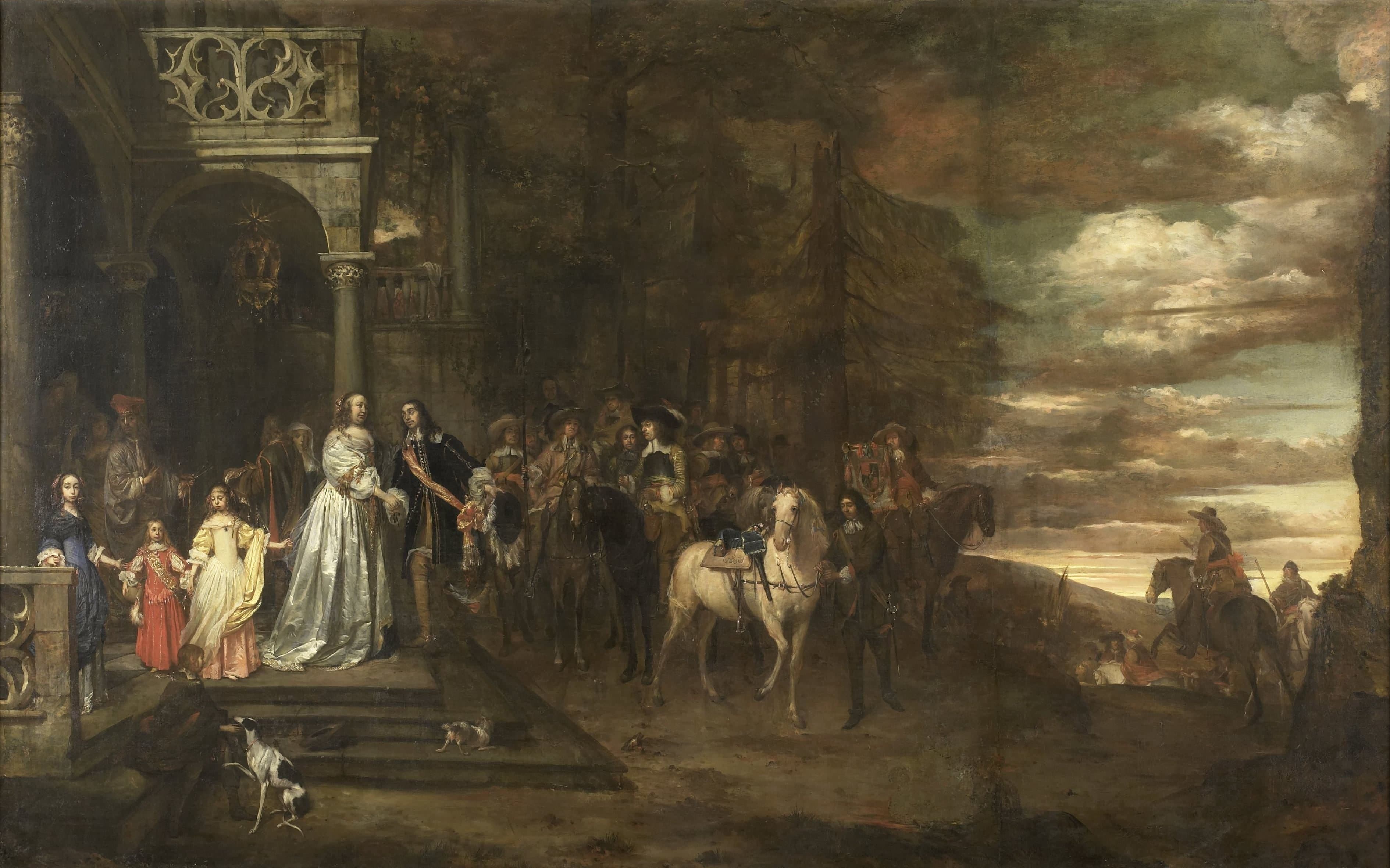 Het afscheid van de ritmeester Hendrik de Sandra (1619-1707), uitgeleide gedaan door zijn vrouw en kinderen — Pieter van Anraedt