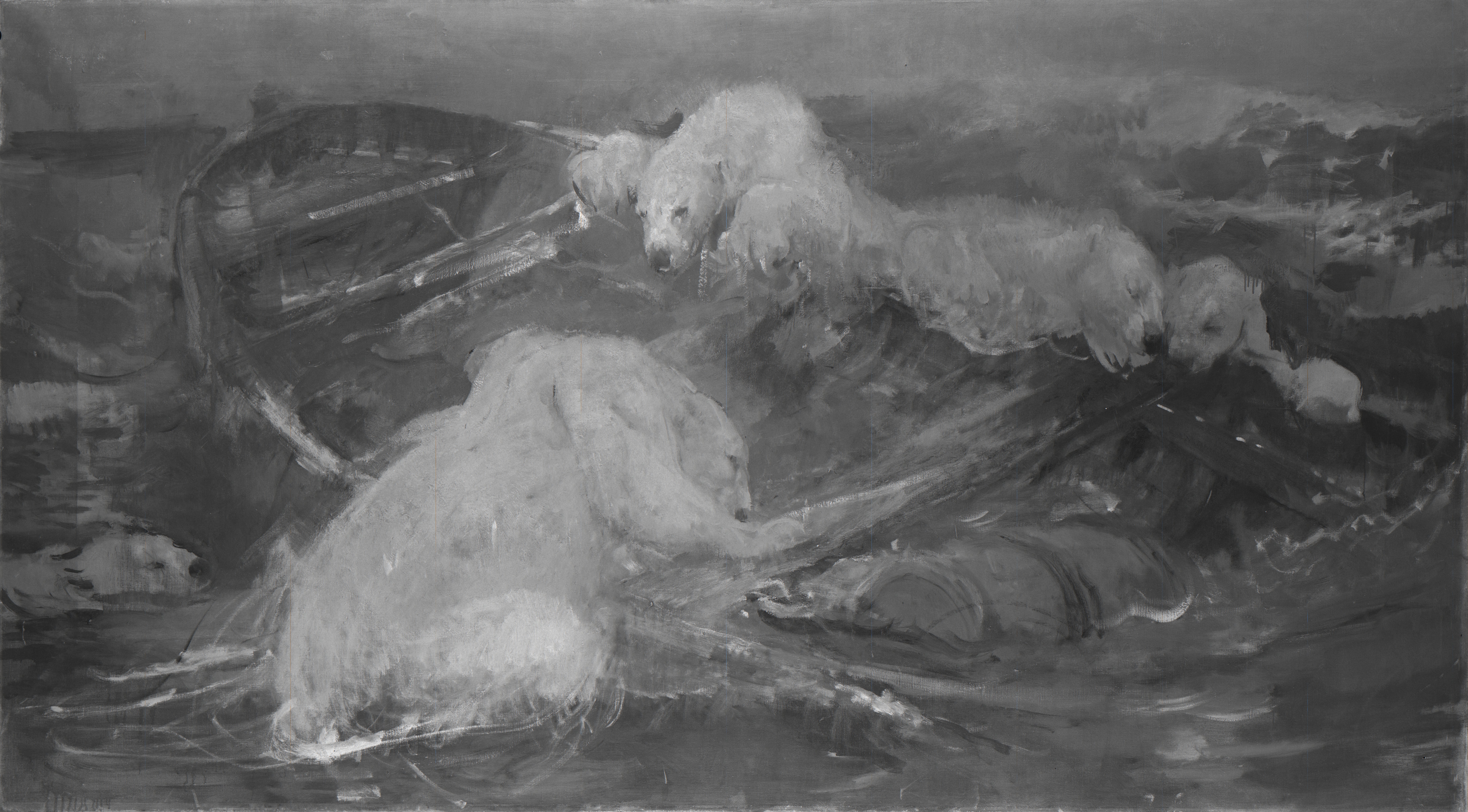 IJsberen beklimmen een ronddrijvende sloep — John Macallan Swan