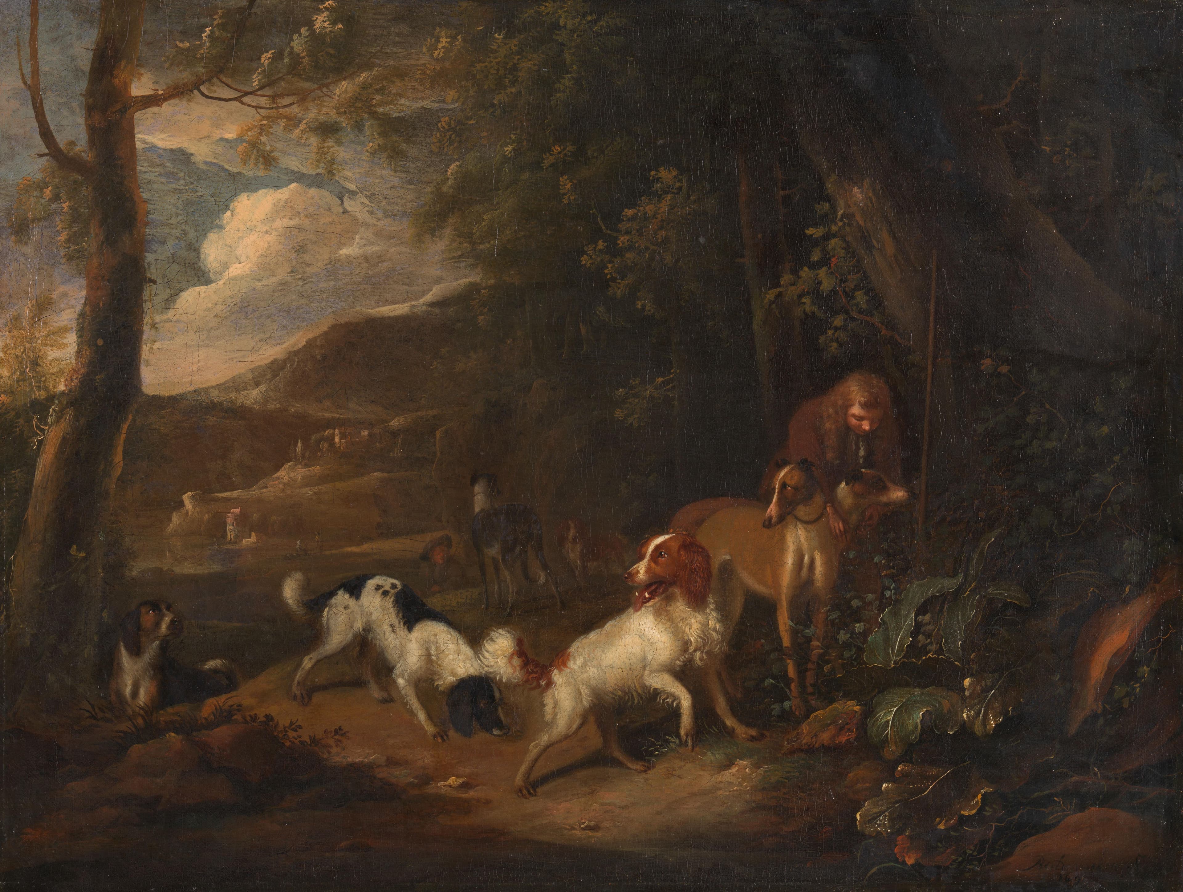 Jager met honden aan bosrand — Adriaen Cornelisz Beeldemaker