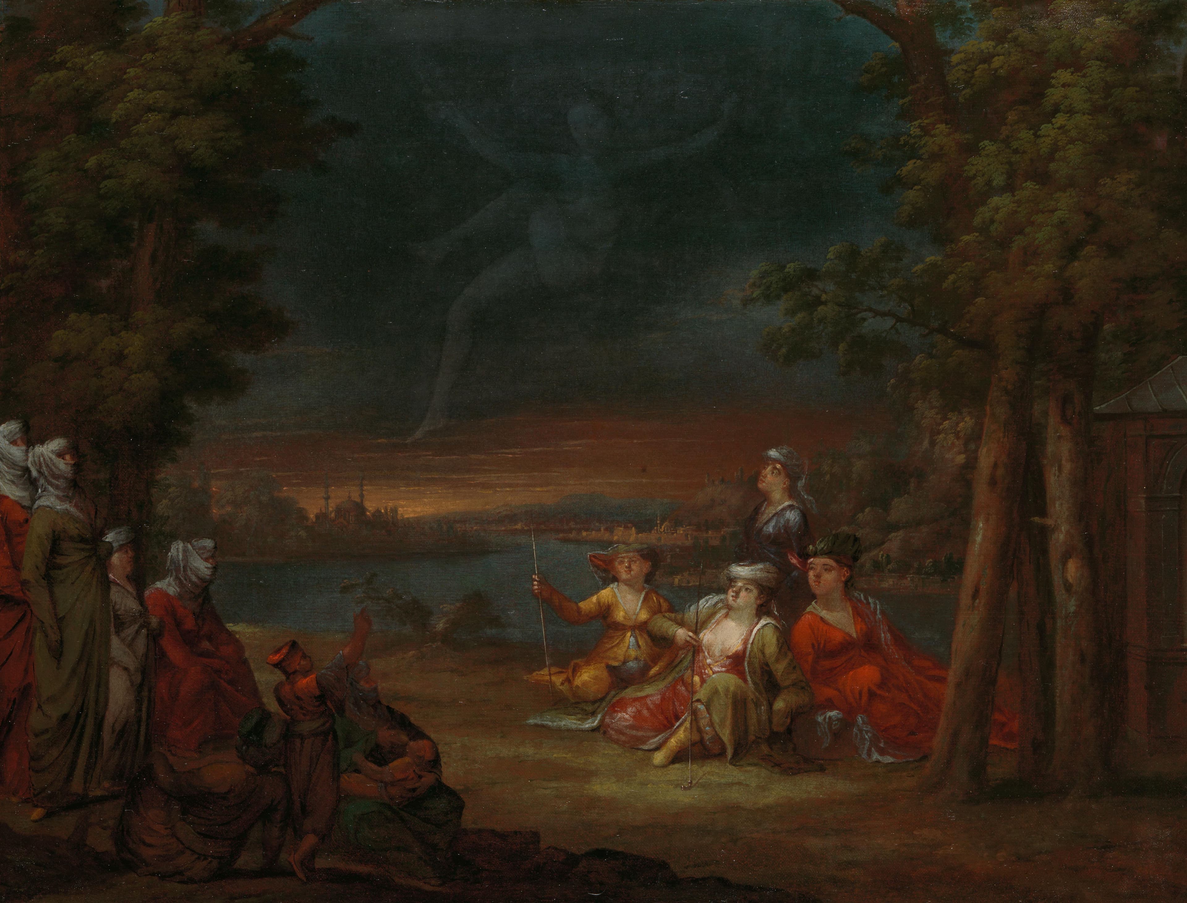 Turkse vrouwen in de omgeving van Constantinopel bekijken een verschijning in de lucht — Jean Baptiste Vanmour