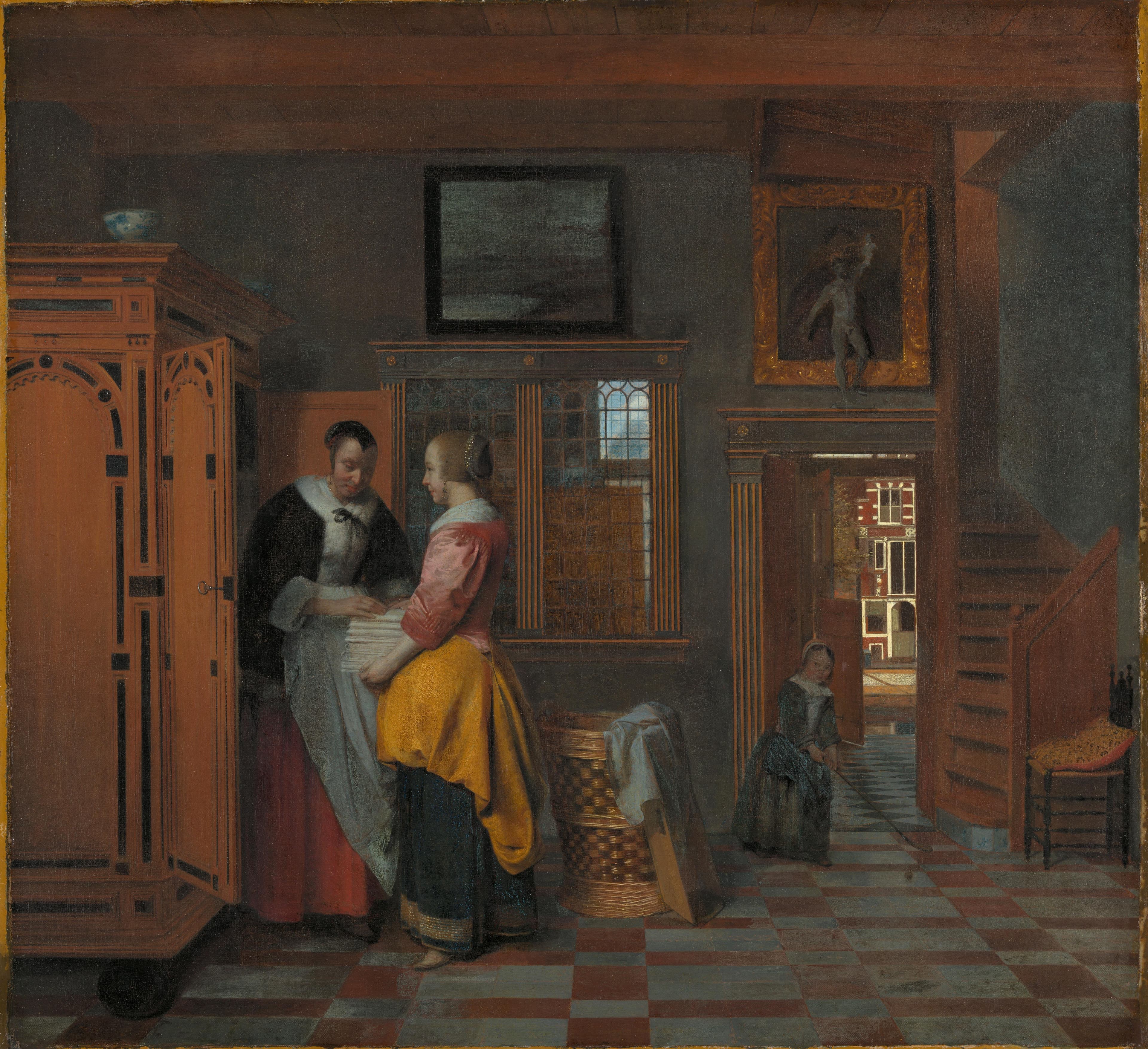 Binnenhuis met vrouwen bij een linnenkast — Pieter de Hooch