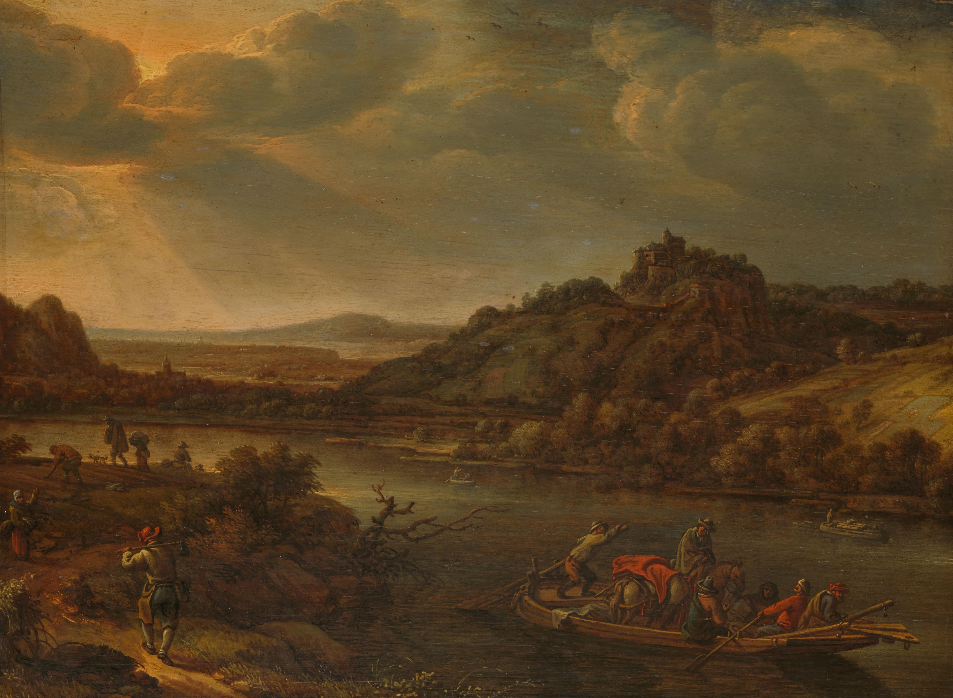 Riviergezicht met veerpont — Herman Saftleven