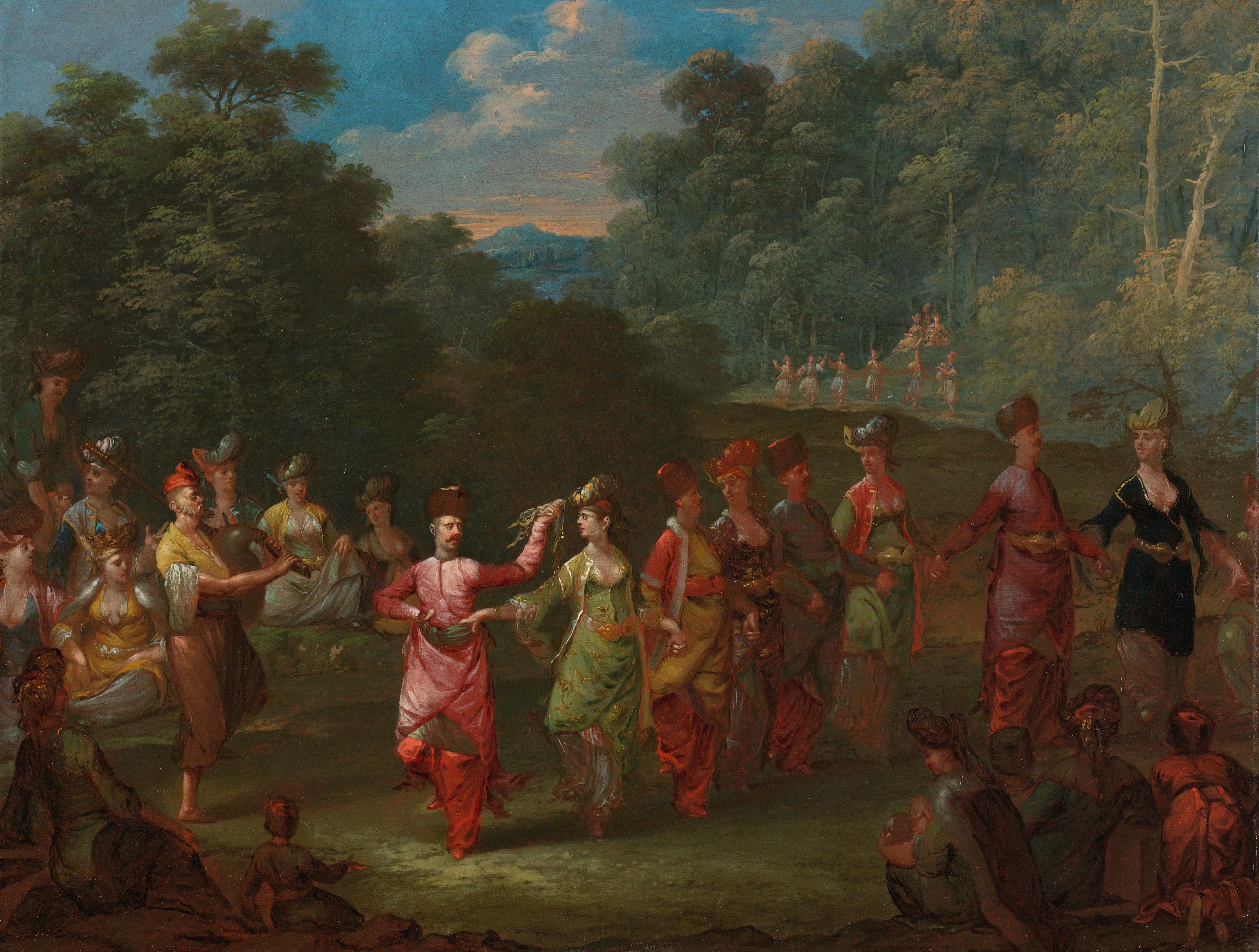 Griekse mannen en vrouwen dansen de khorra — Jean Baptiste Vanmour