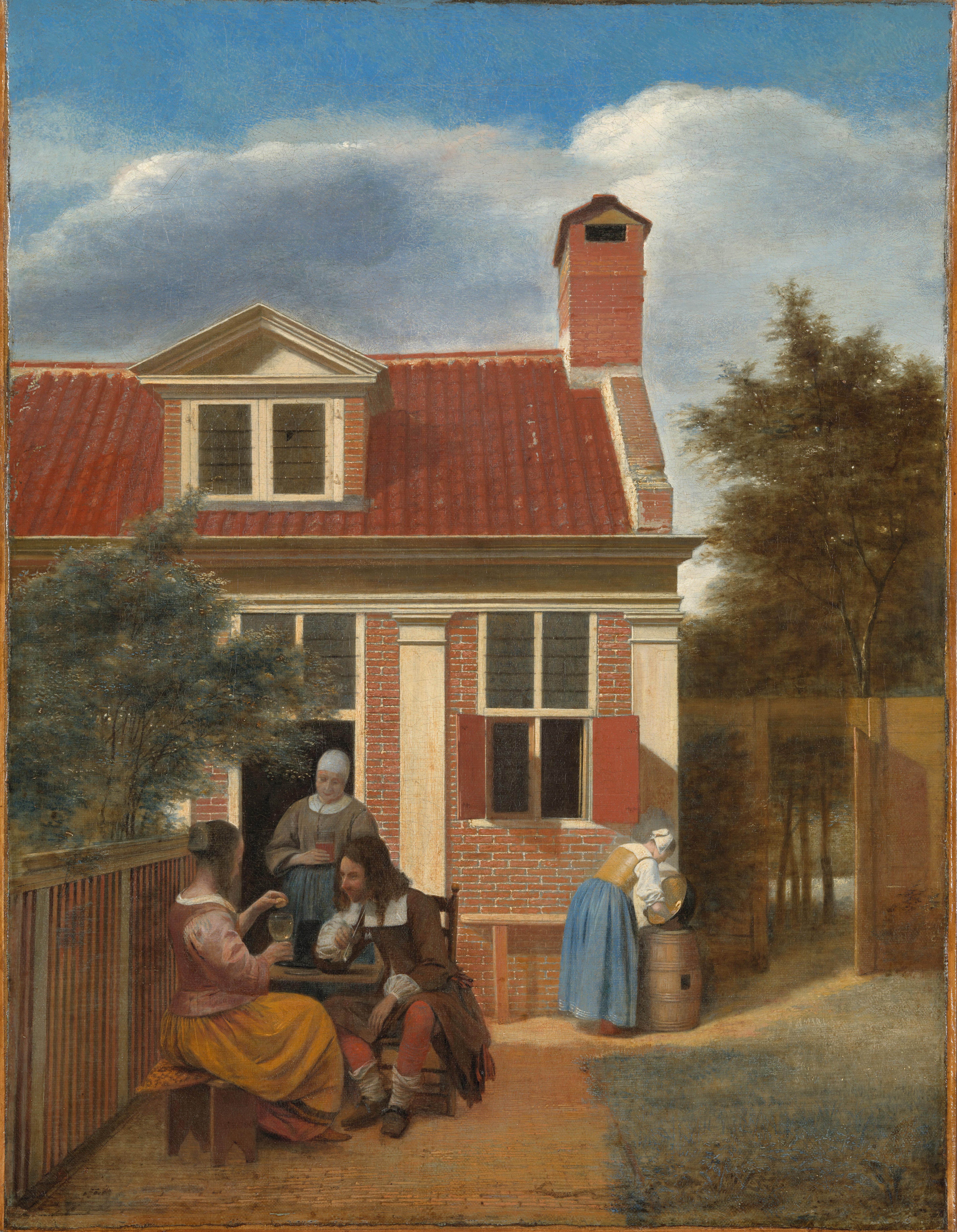 Three Women and a Man in the Courtyard behind a House — Pieter de Hooch