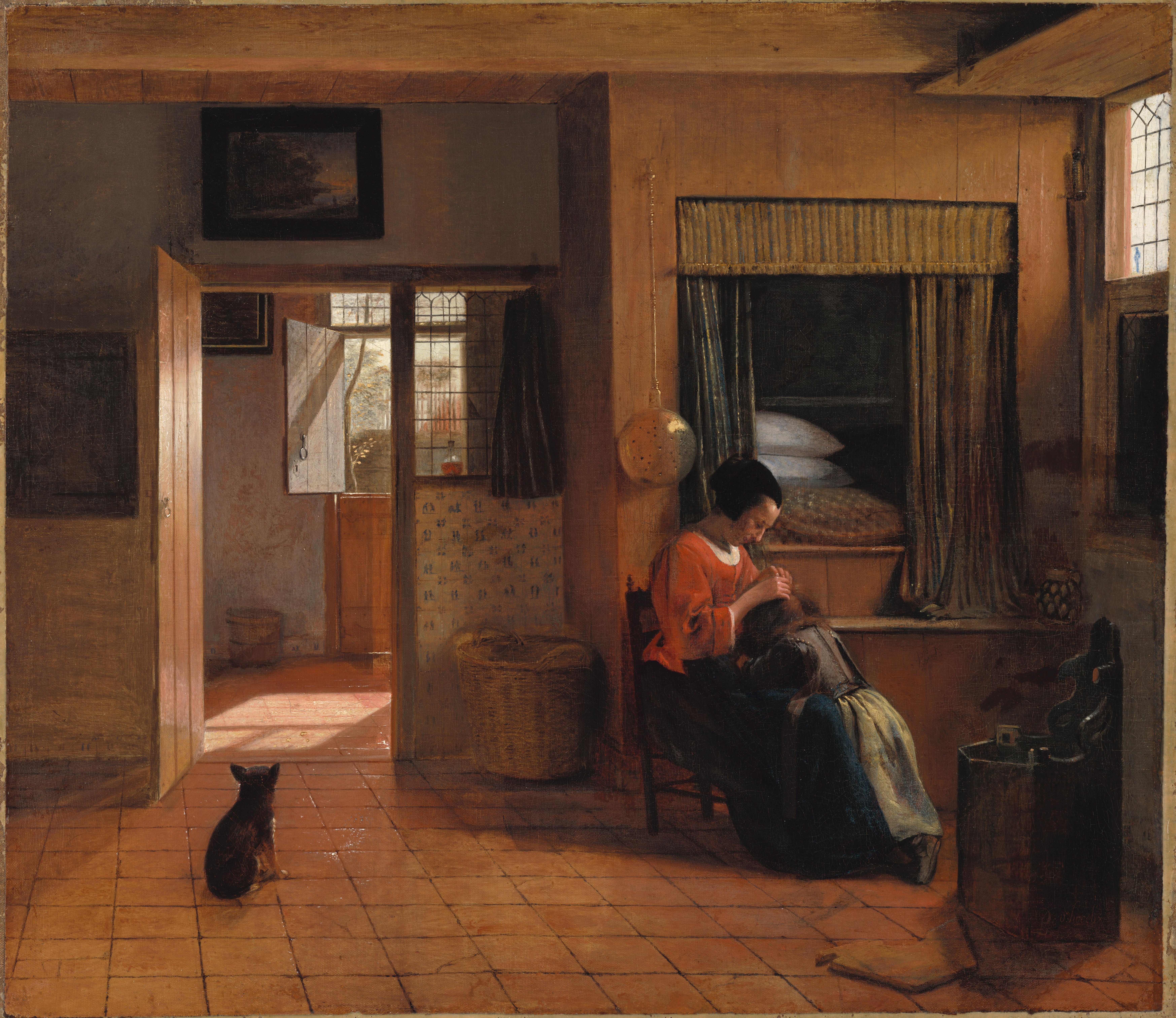 Een moeder die het haar van haar kind reinigt, bekend als ‘Moedertaak’ — Pieter de Hooch