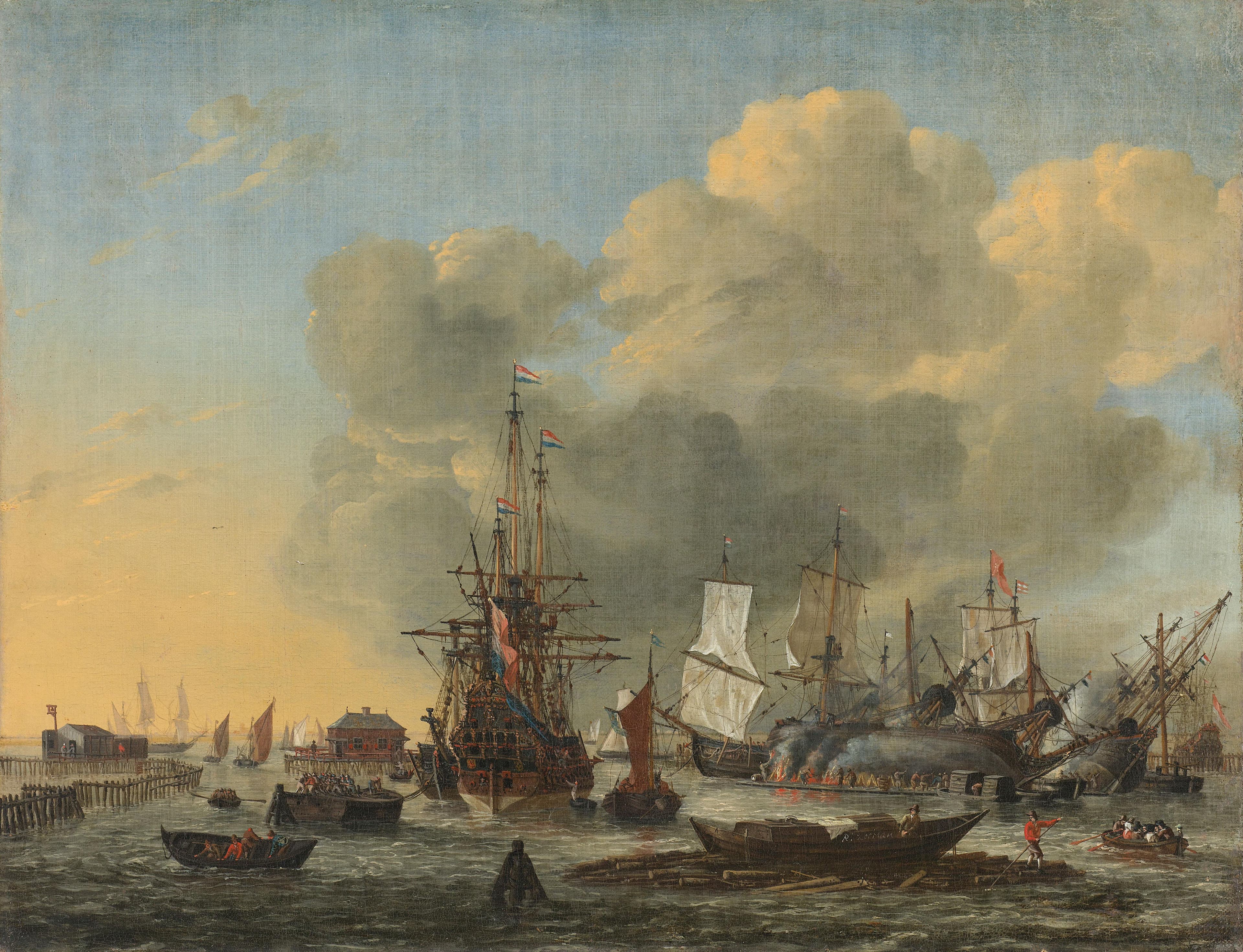 Het kalefateren van schepen bij de Hannekesboom op het IJ te Amsterdam — Reinier Nooms