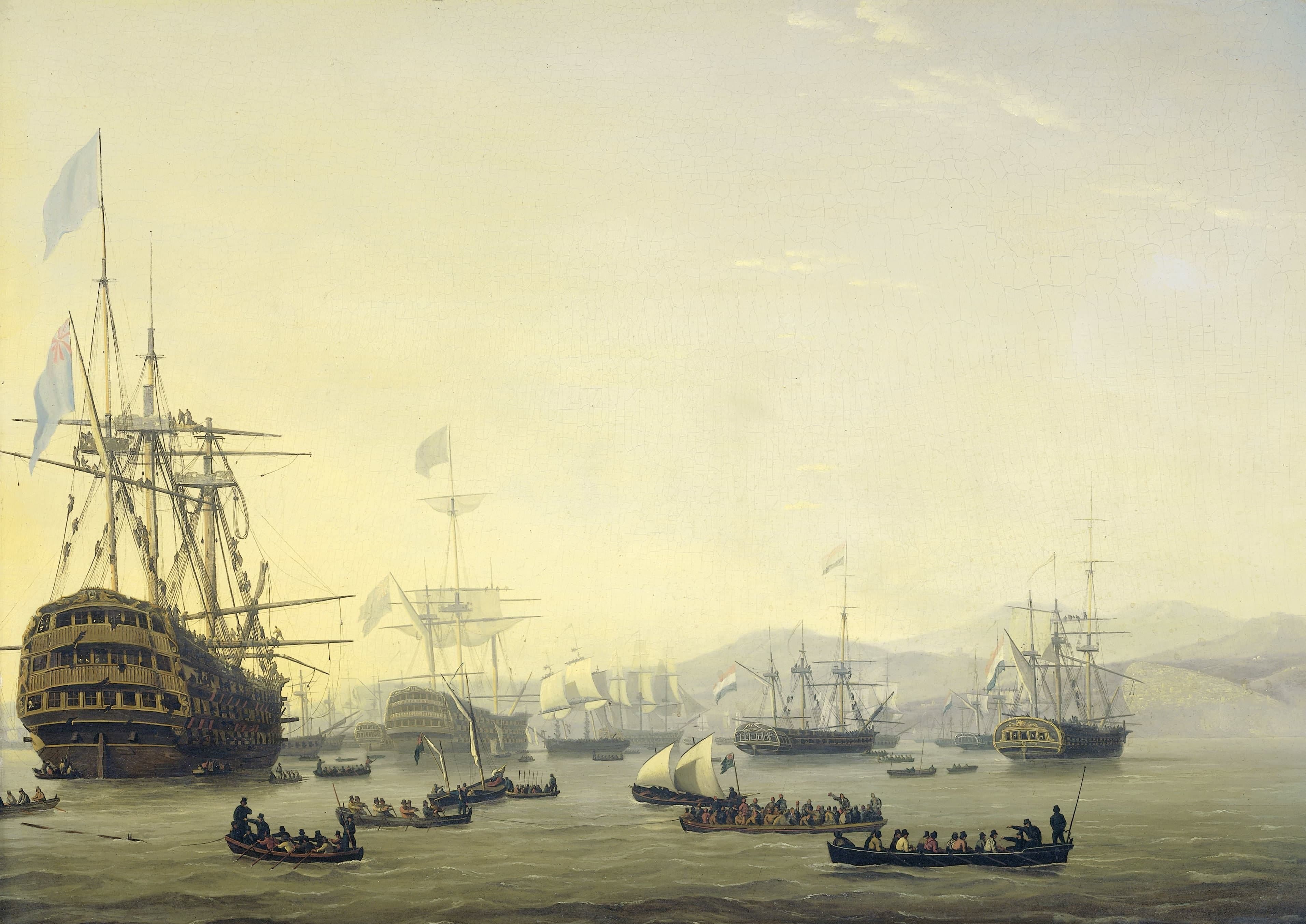 Vier momenten uit de aanwezigheid van de Engels-Nederlandse vloot in de Baai van Algiers, 26-27 augustus 1816 — Nicolaas Baur