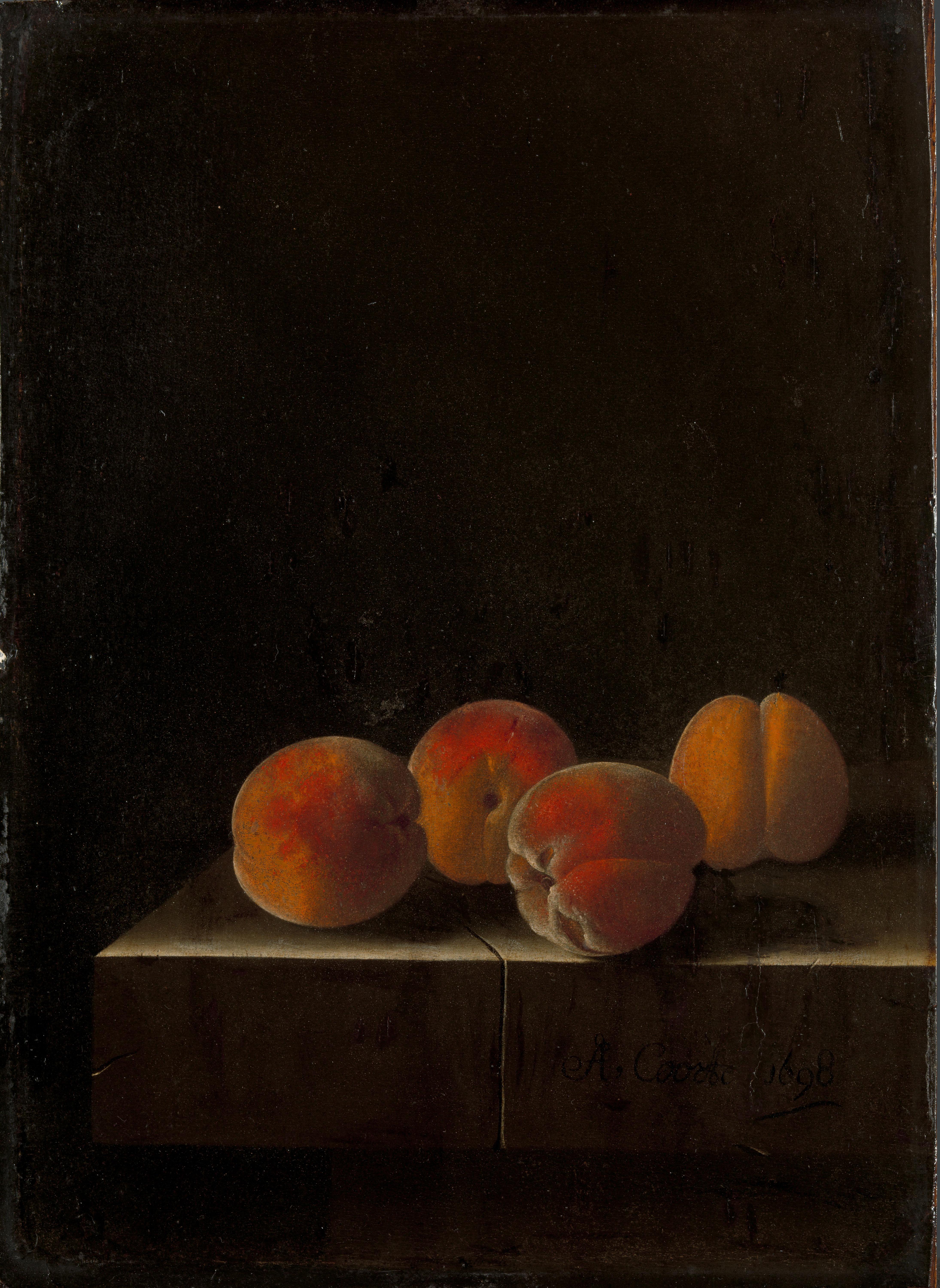 Vier abrikozen op een stenen plint — Adriaen Coorte