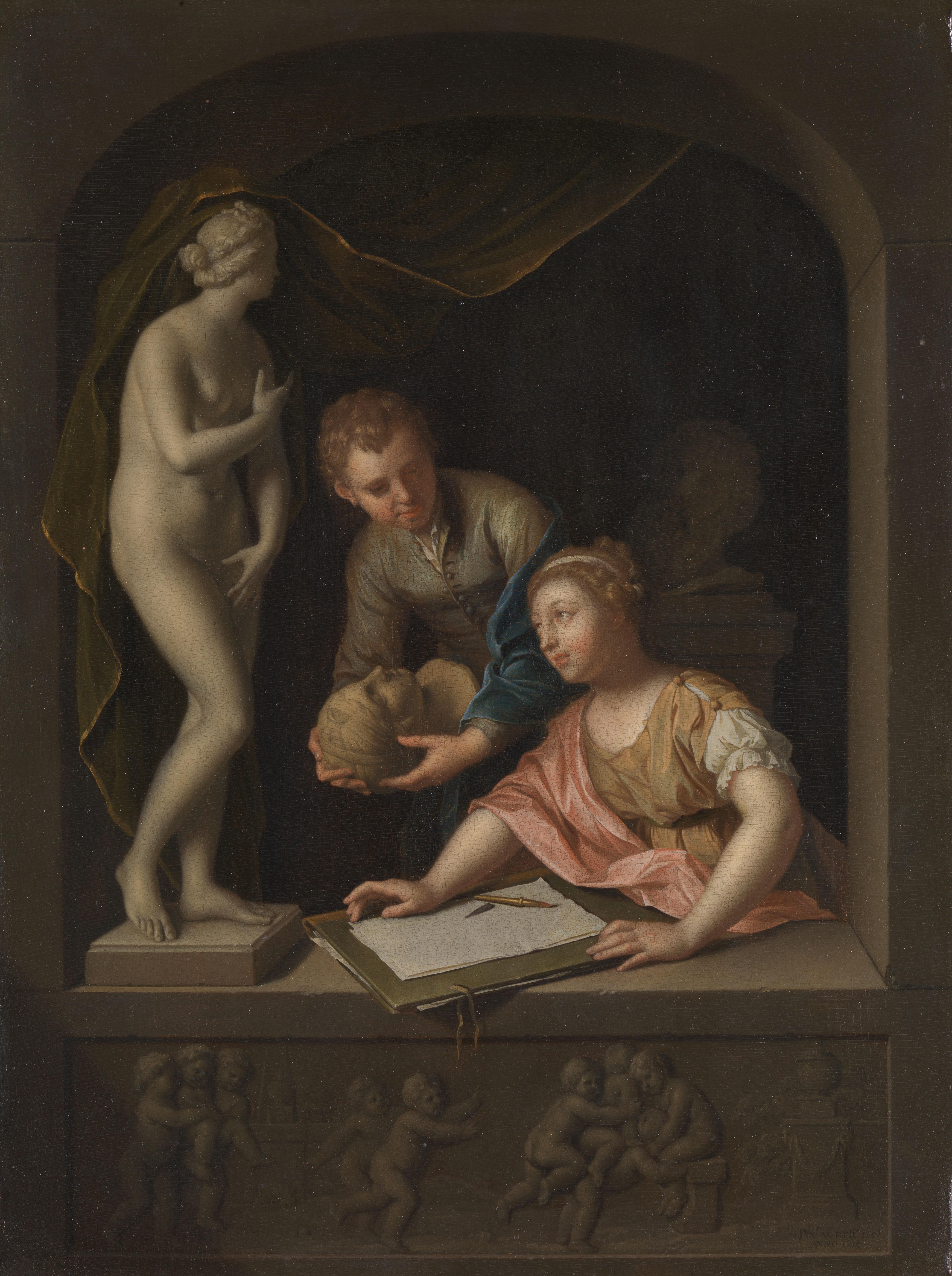 Een tekenares en een jongen bij een beeld van Venus — Pieter van der Werff