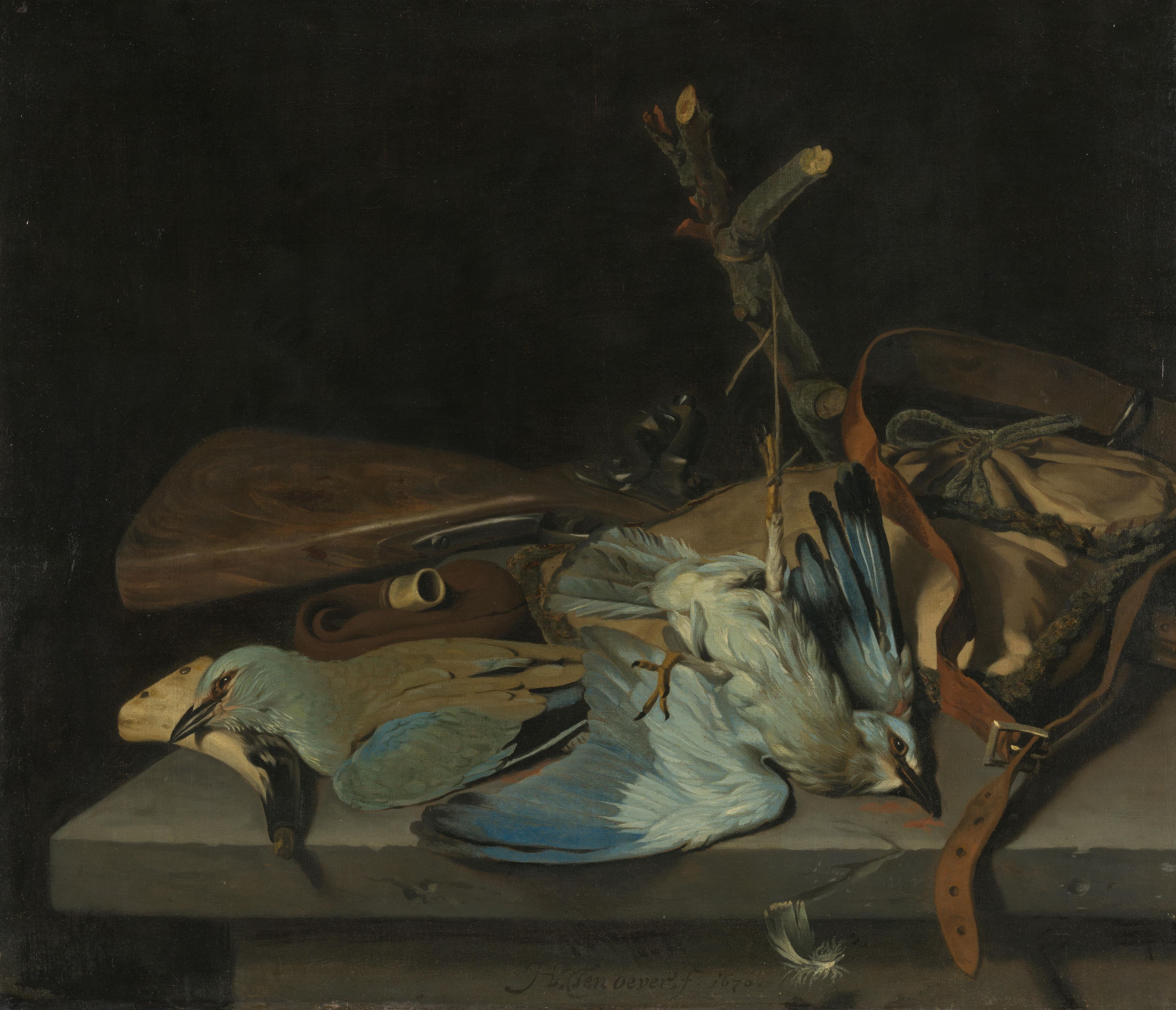 Still life with hunting implements and two European rollers — Hendrick ten Oever