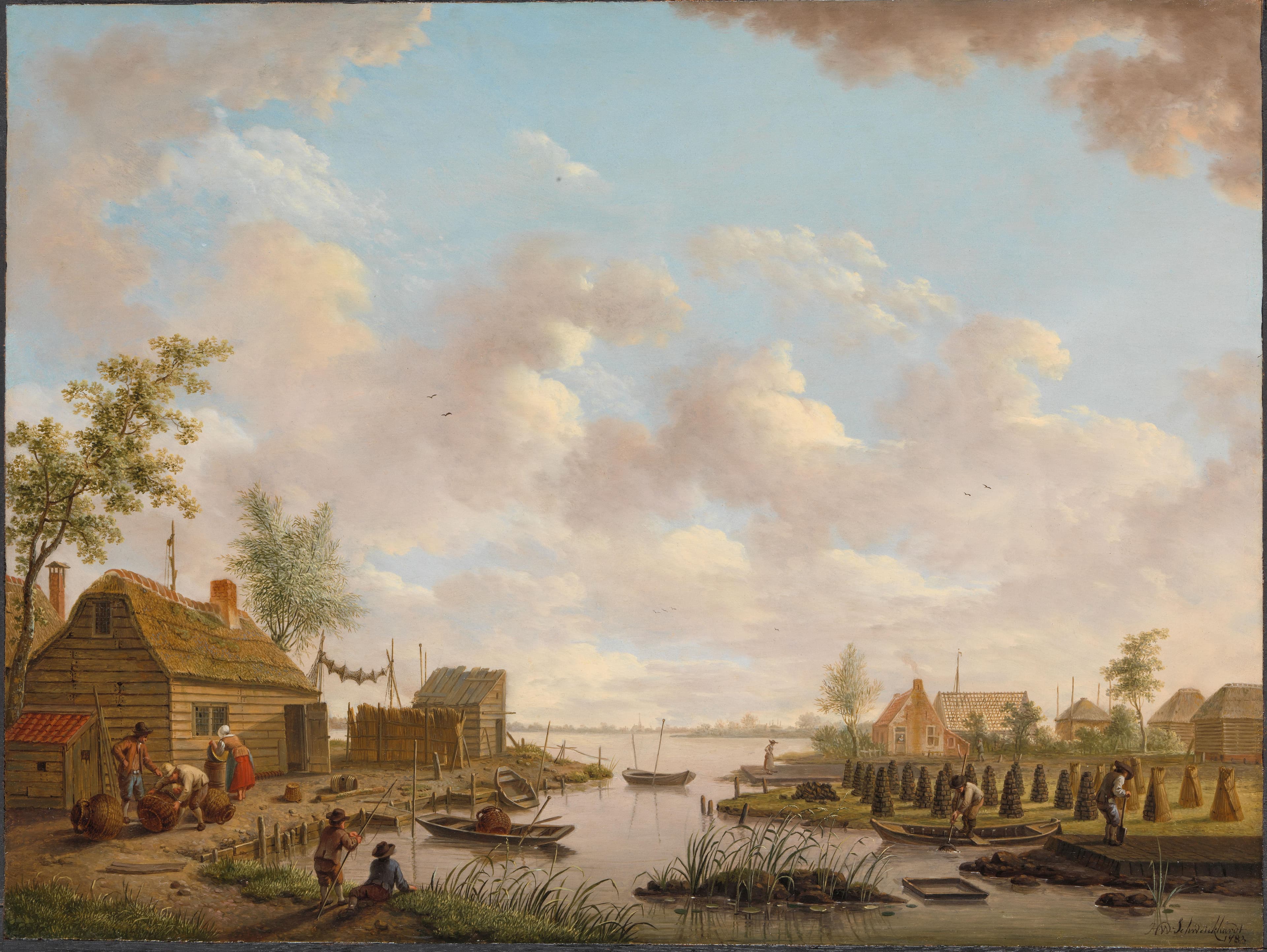 Landschap met vissers en turfstekende boeren in het laagveen — Hendrik Willem Schweickhardt