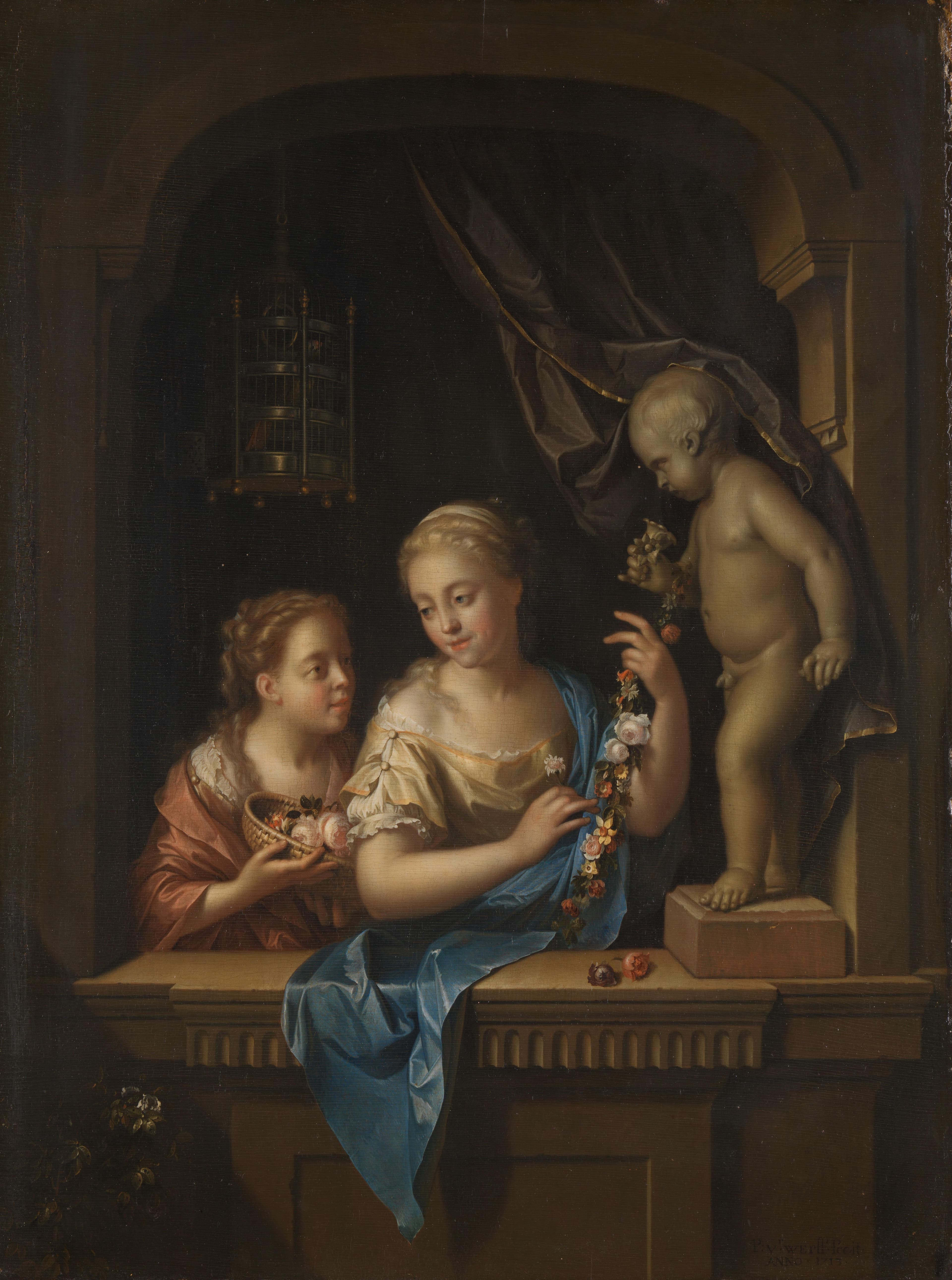 Two Girls with Flowers by a Statue of Cupid — Pieter van der Werff