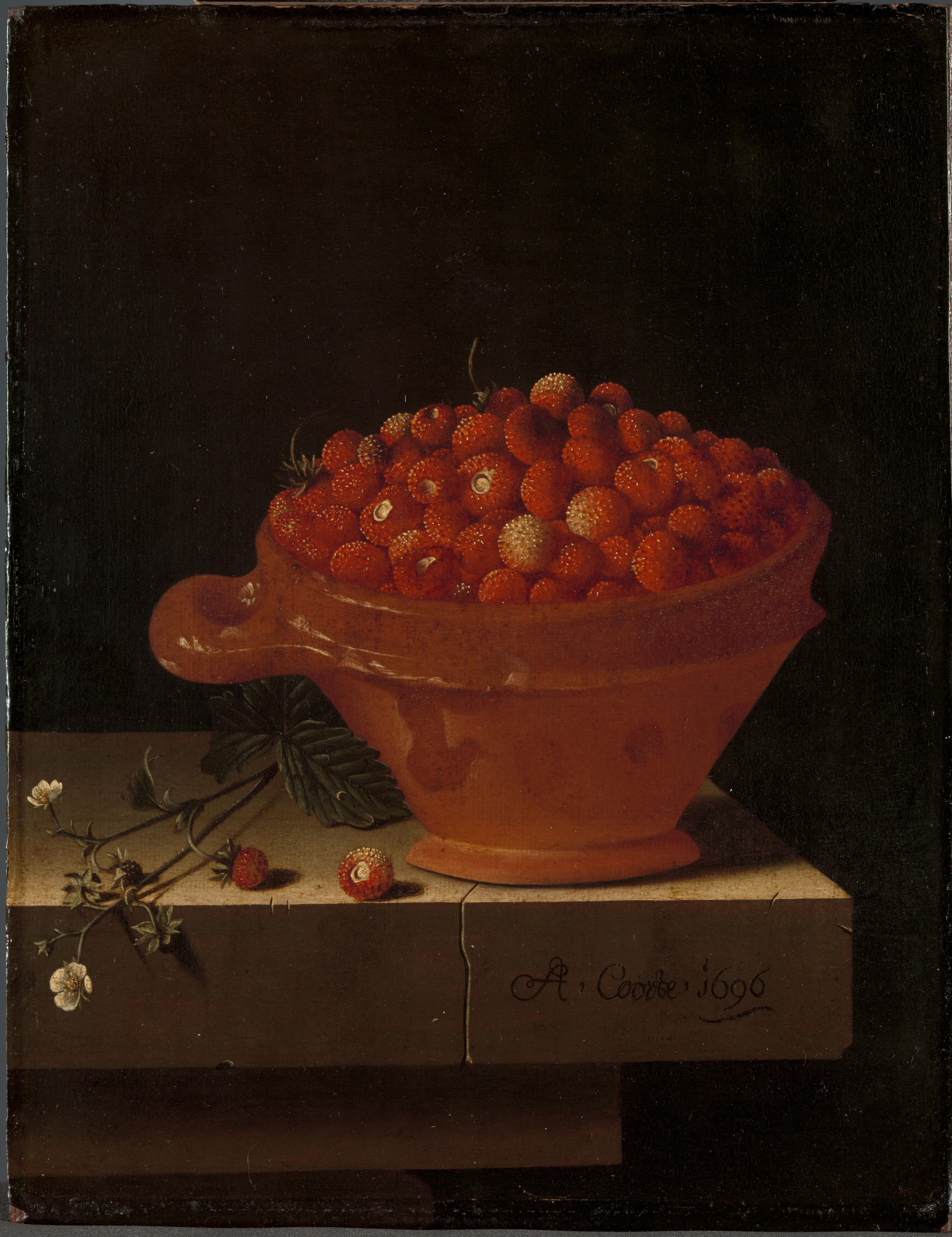 Een testje aardbeien op een stenen plint — Adriaen Coorte