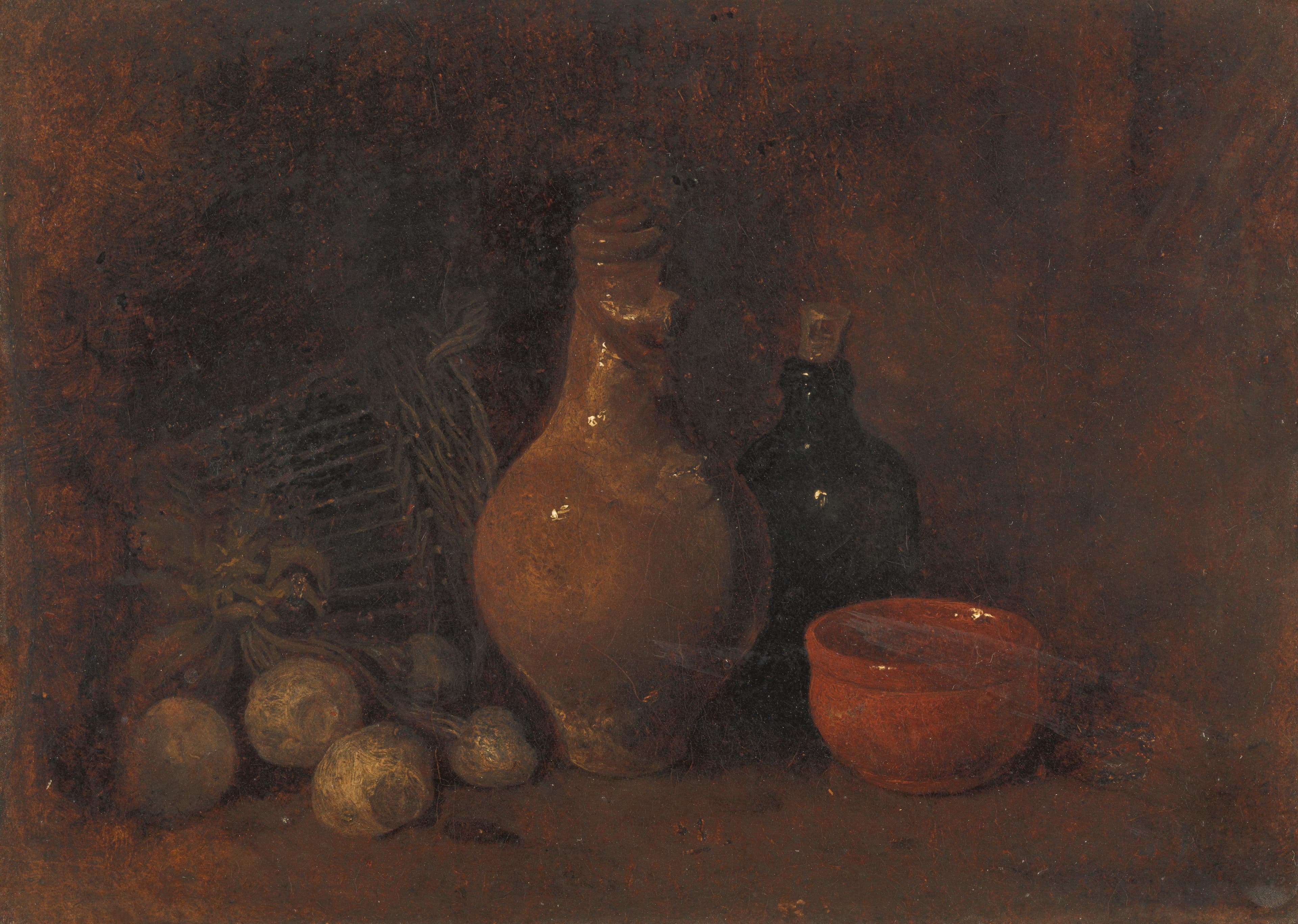Stilleven met vier vruchten, glas en aardewerk — François Bonvin