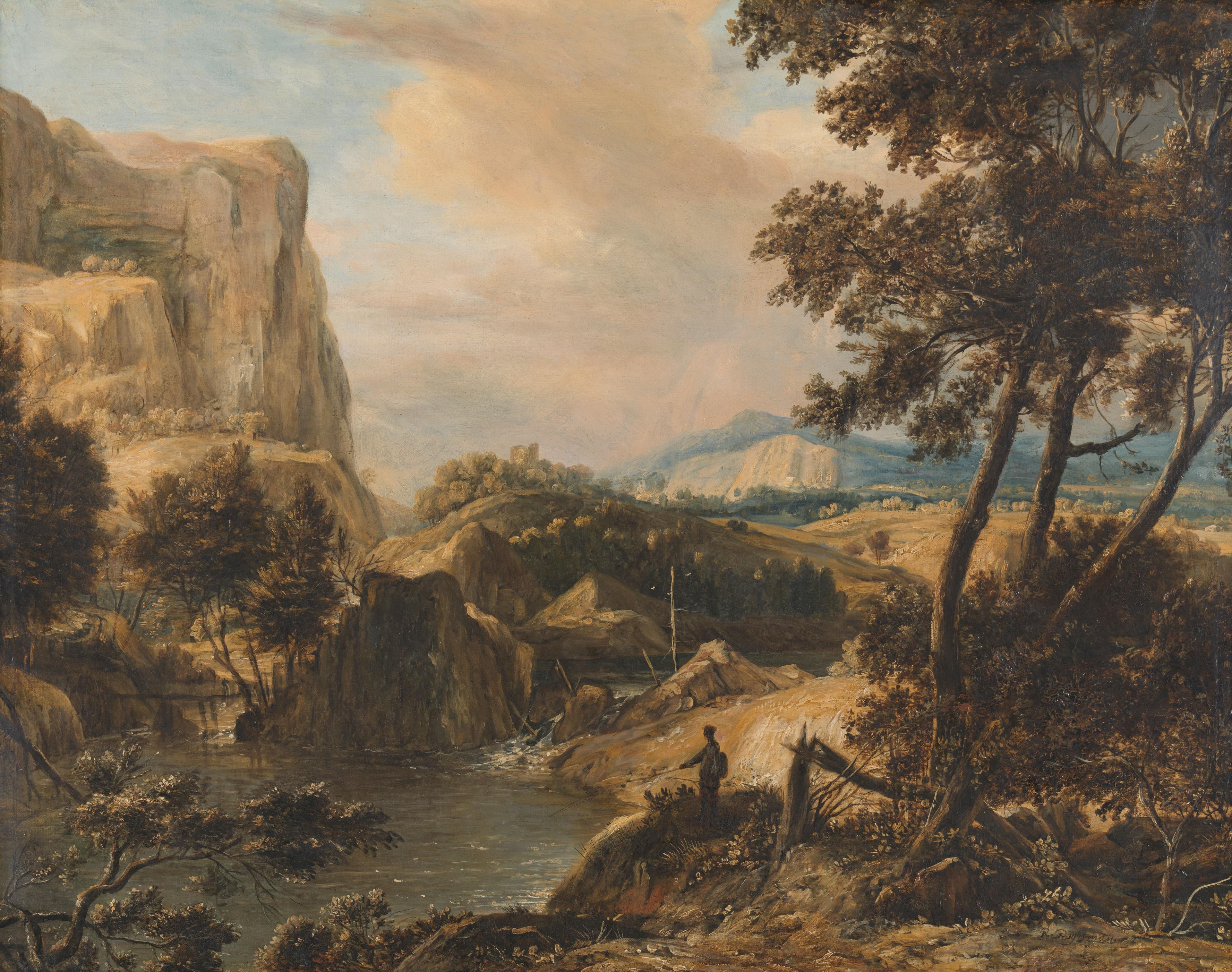 Mountainous landscape with fisherman — Roelant Roghman