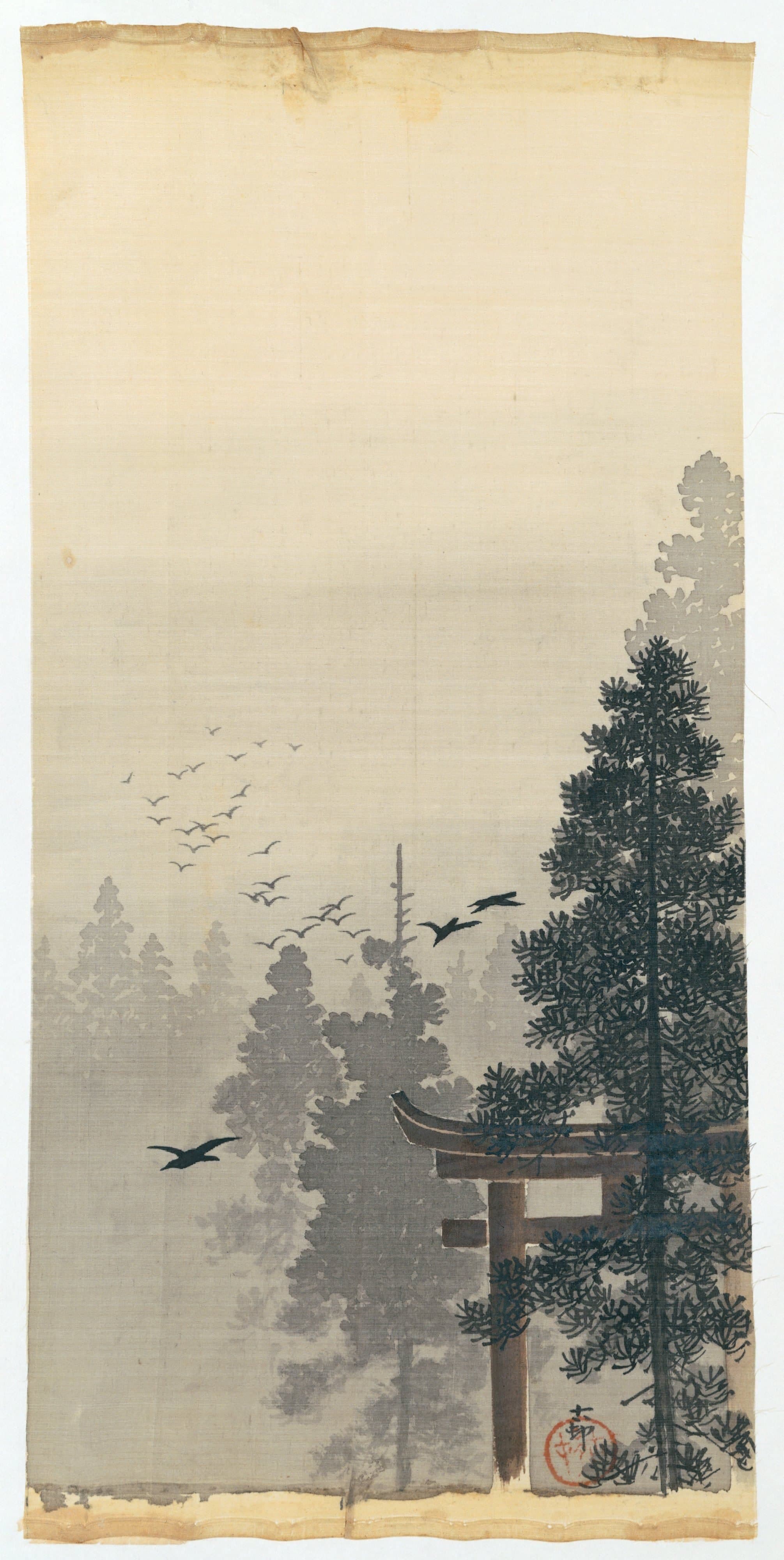 Landschap met zwerm vogels en torii — Ohara Koson