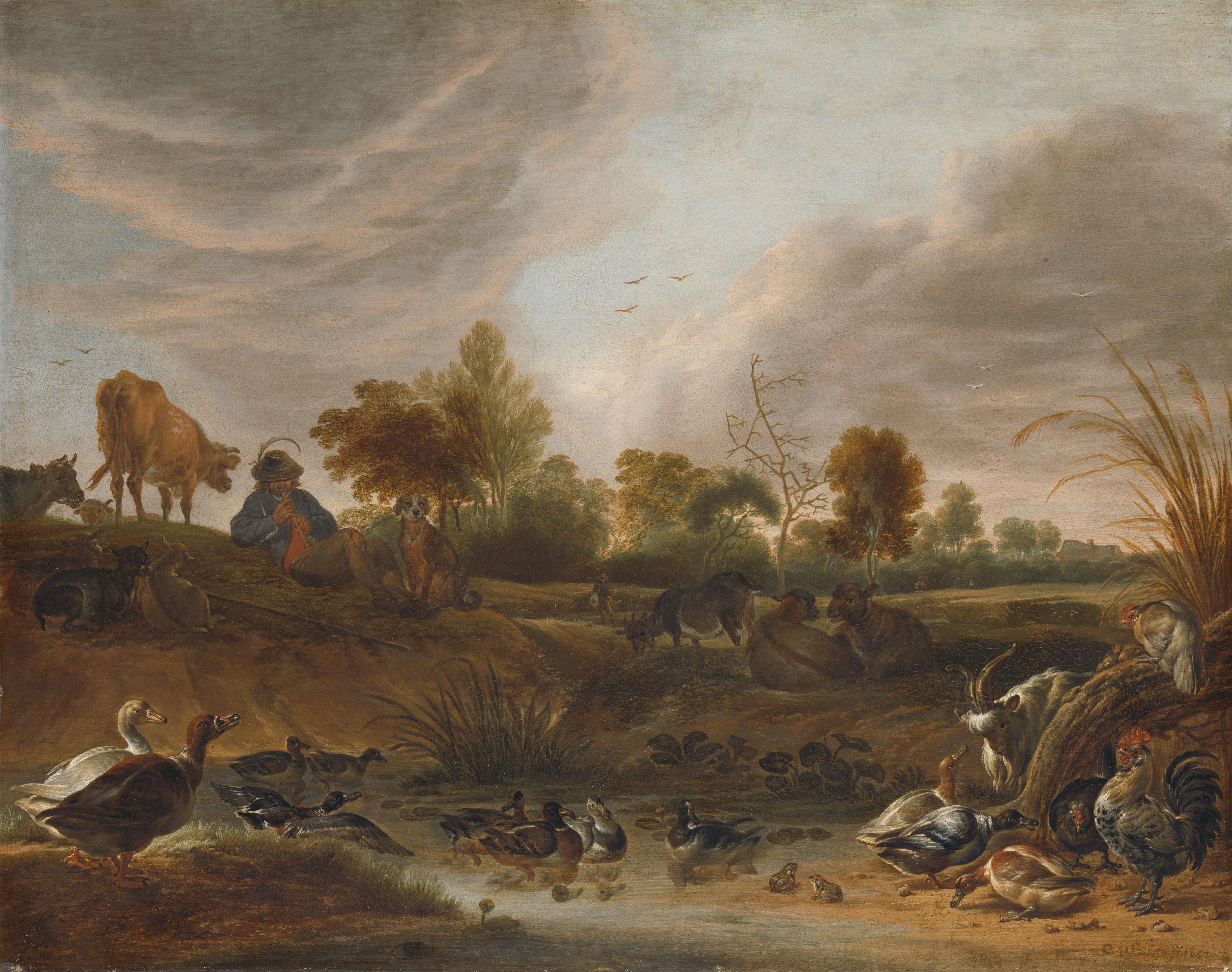Landscape with a Herdsman, Cattle and Poultry — Cornelis Saftleven