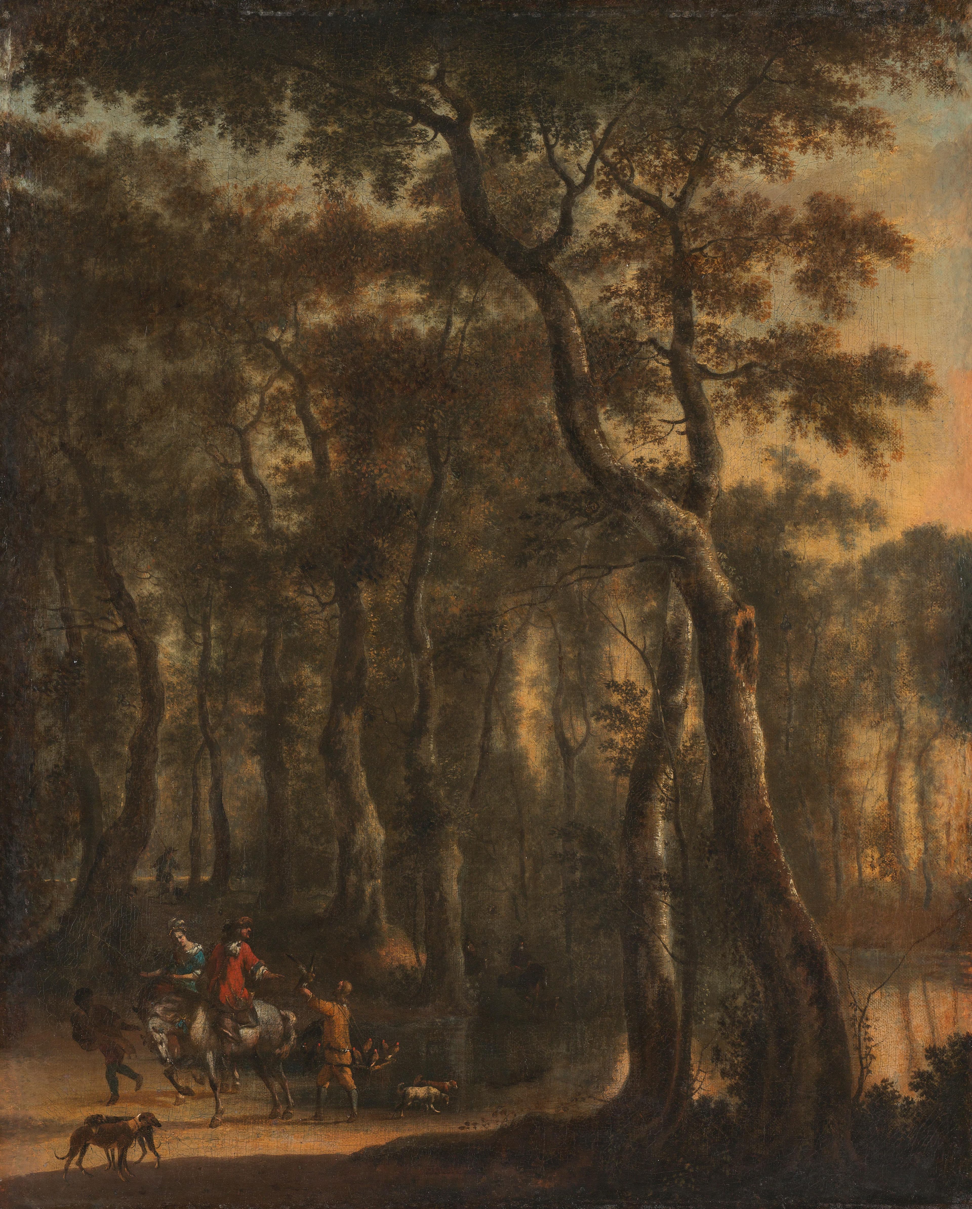 Bosgezicht met jagers — Jan Hackaert
