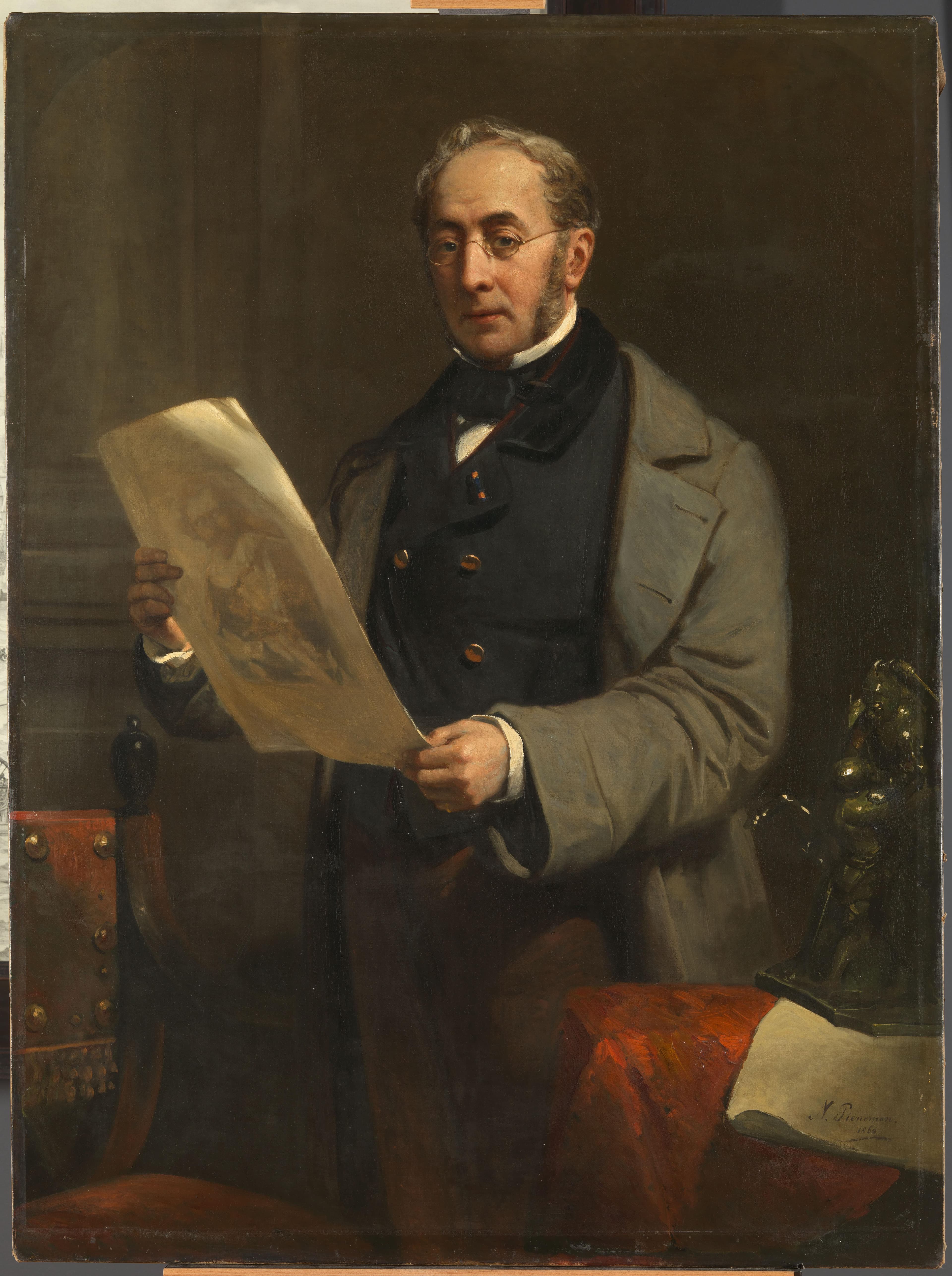 Portret van Jacob de Vos Jbzn (1803-1878). Kunstverzamelaar en eigenaar van de Historische Galerij De Vos te Amsterdam — Nicolaas Pieneman