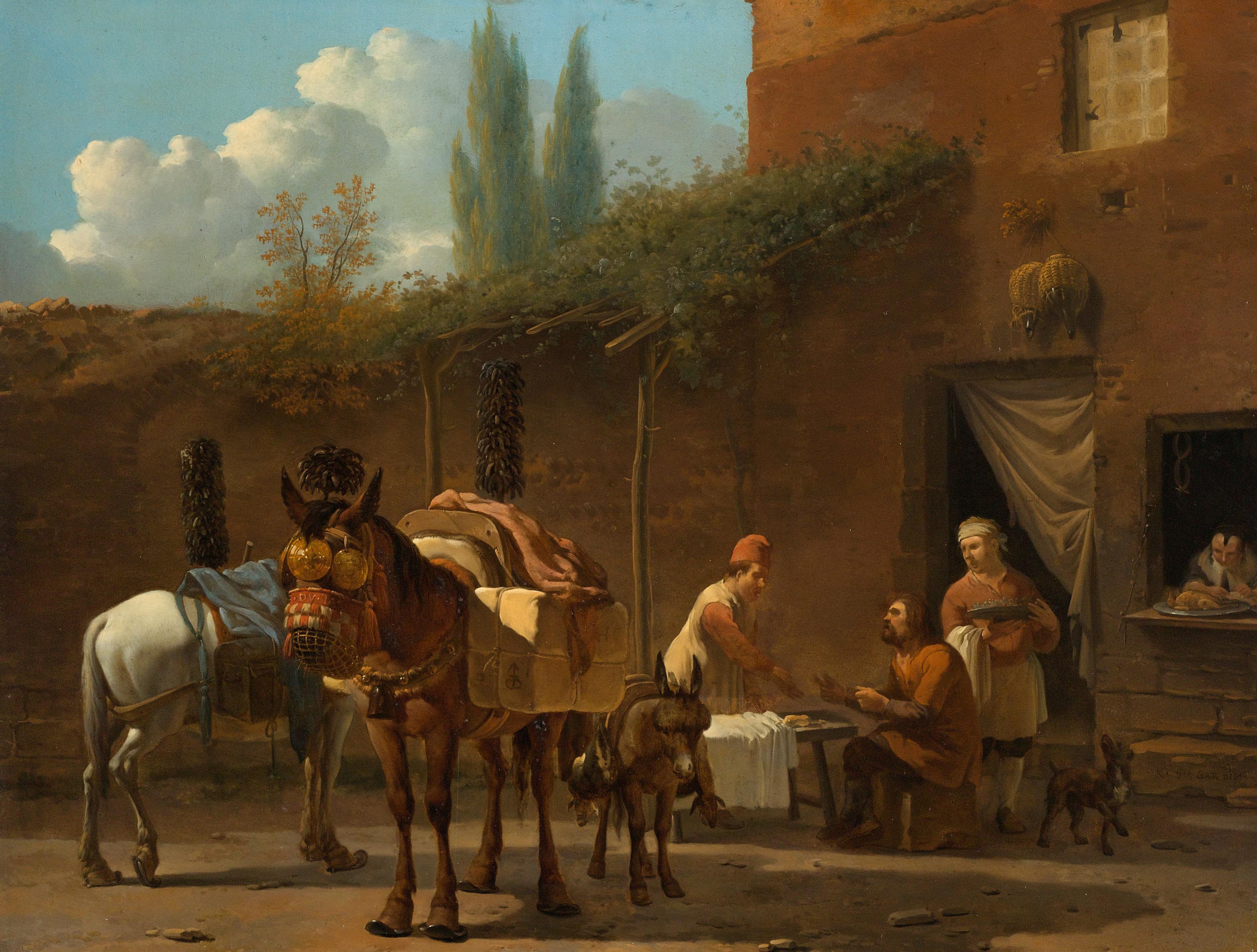 Muilezeldrijvers bij een herberg — Karel du Jardin