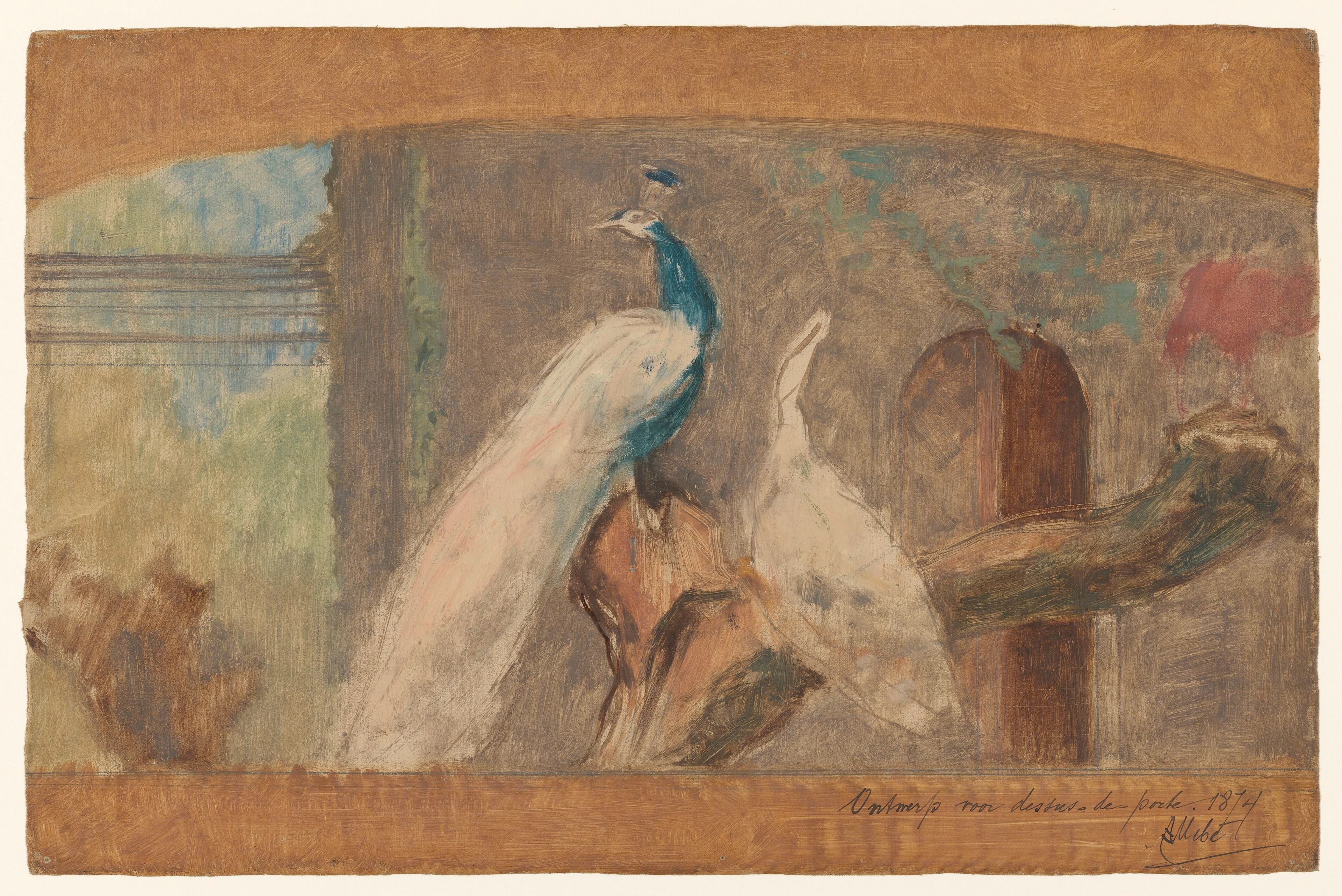 Ontwerp voor een dessus-de-porte: tak met pauw en andere vogels — August Allebé