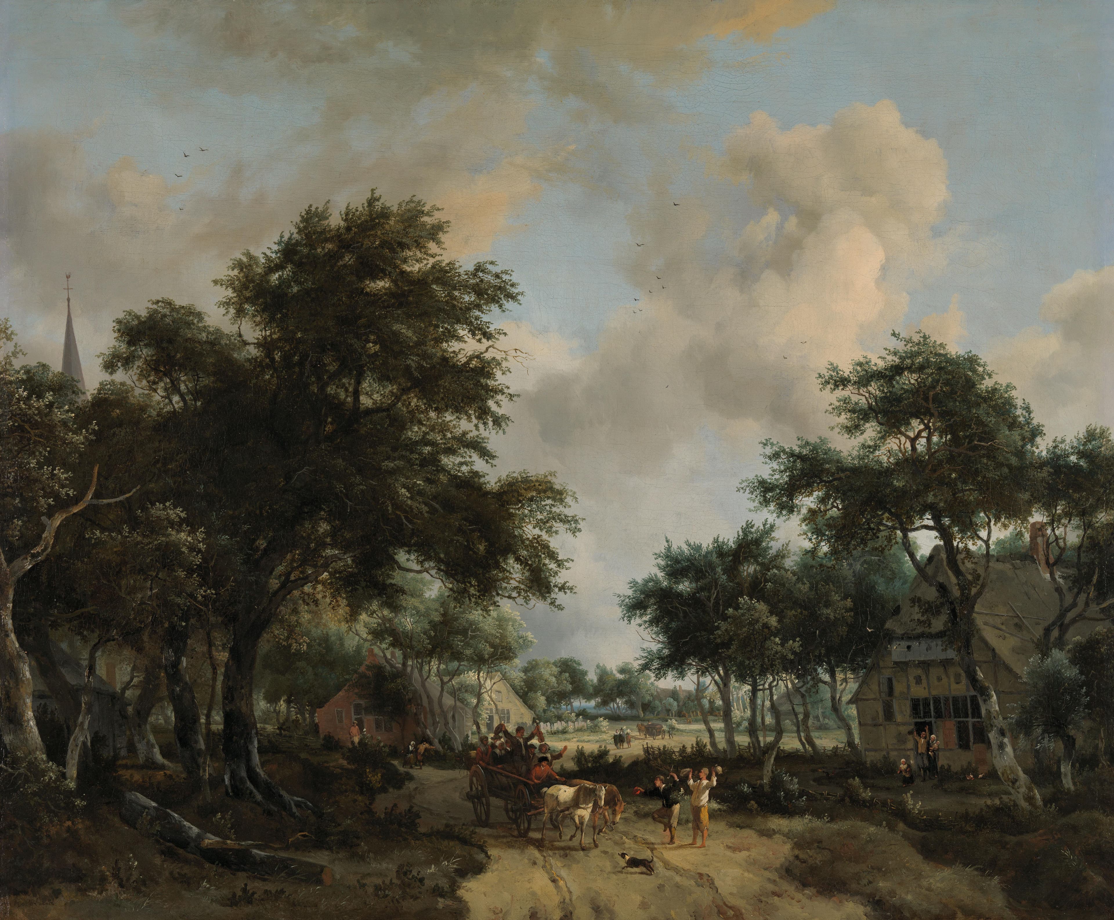 Wooded Landscape with Merrymakers in a Cart — Meindert Hobbema