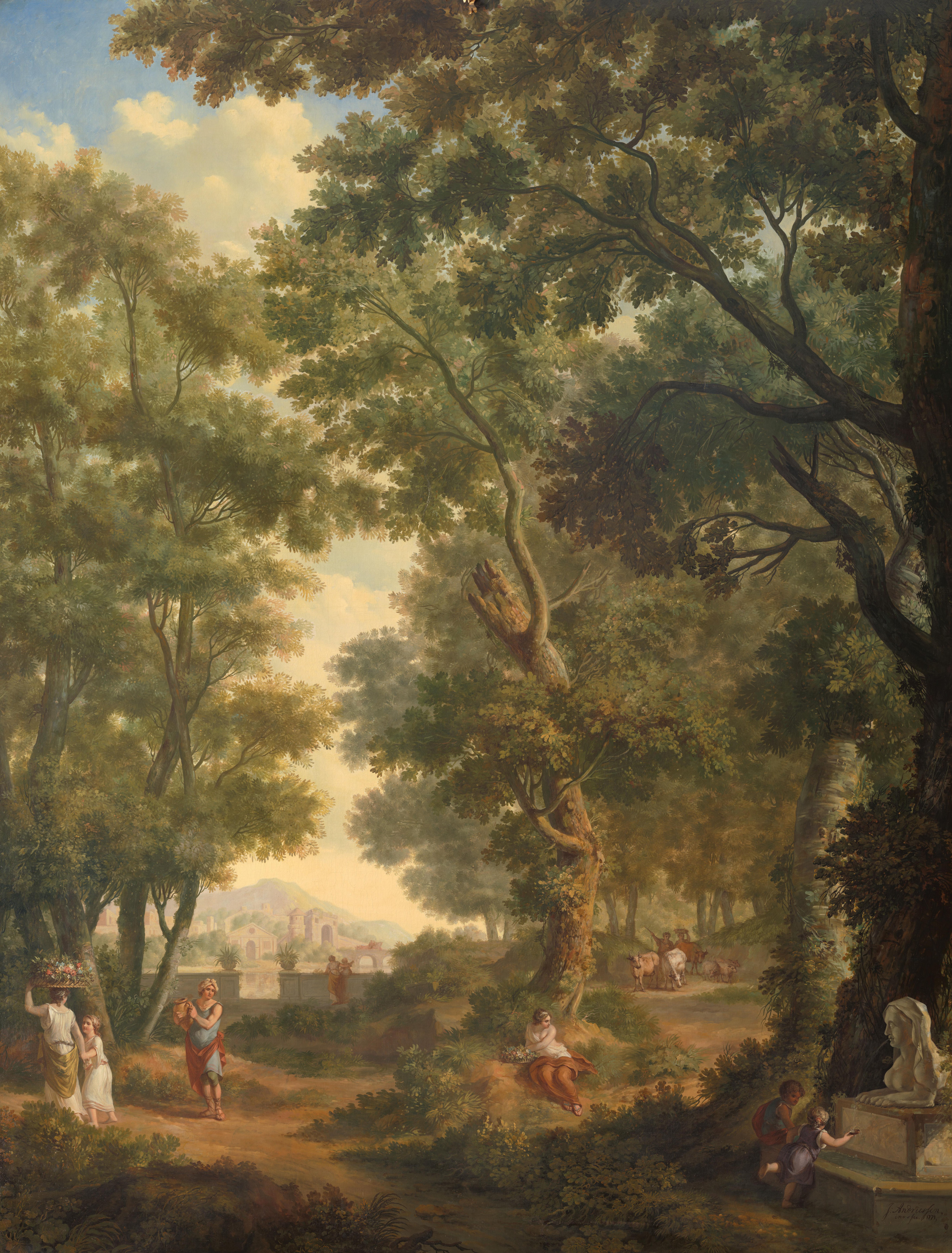Arcadisch landschap met verschillende figuren, rechts twee kinderen bij een fontein — Jurriaan Andriessen
