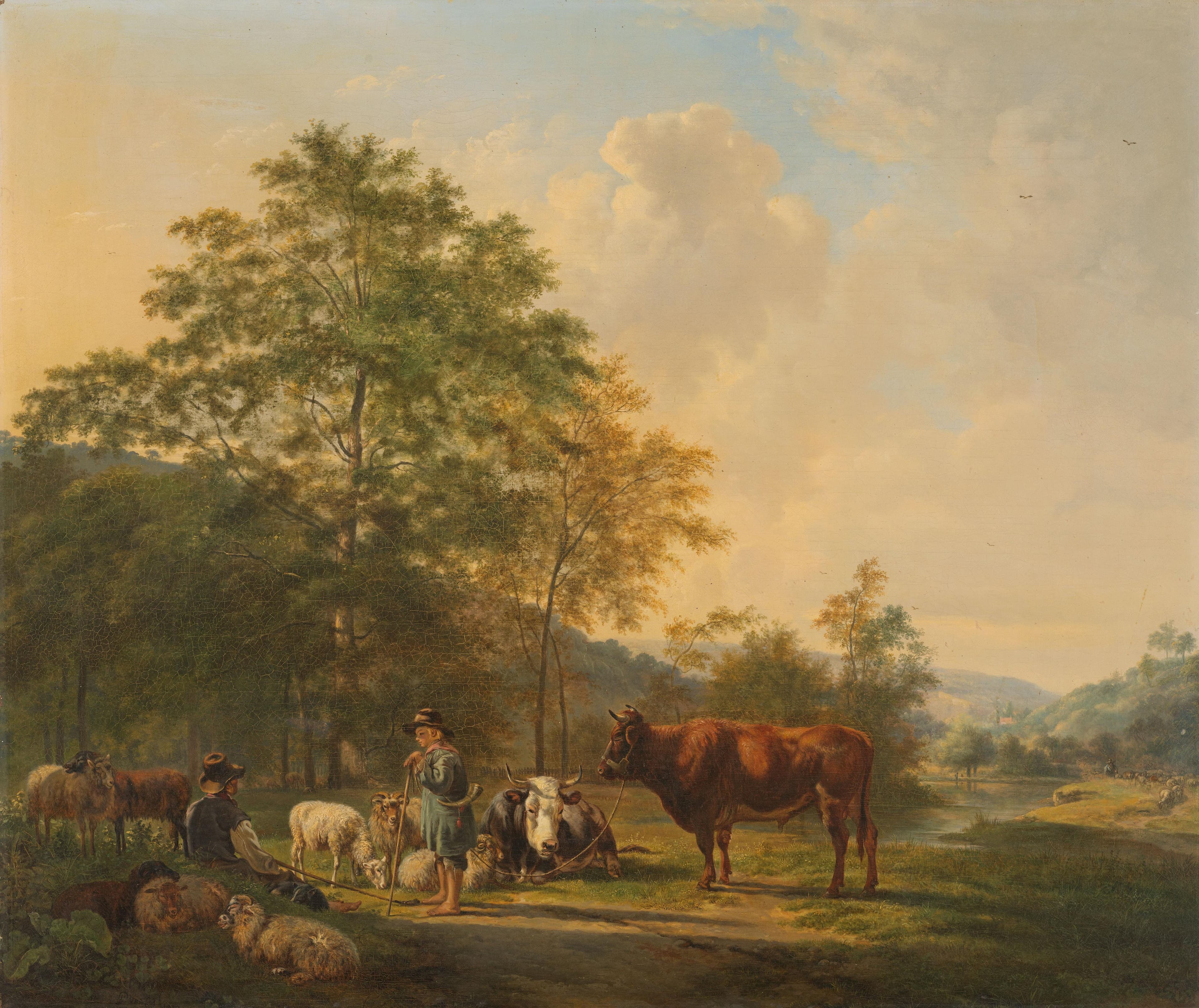 Hilly Landscape with Shepherd, Drover and Cattle — Pieter Gerardus van Os