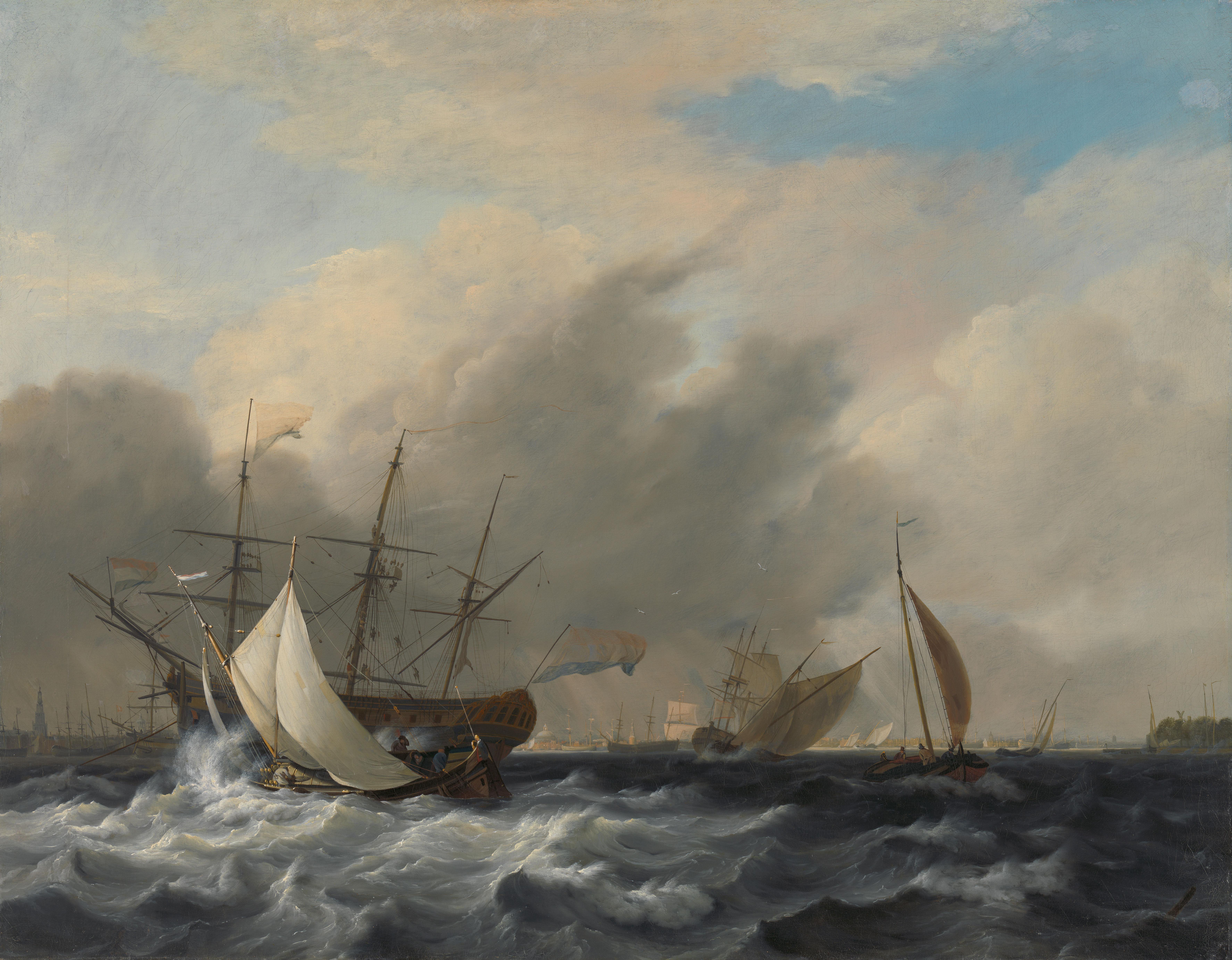 's Lands oorlogsschip 'Amsterdam' voor de Westerlaag op het IJ voor Amsterdam. — Nicolaas Baur