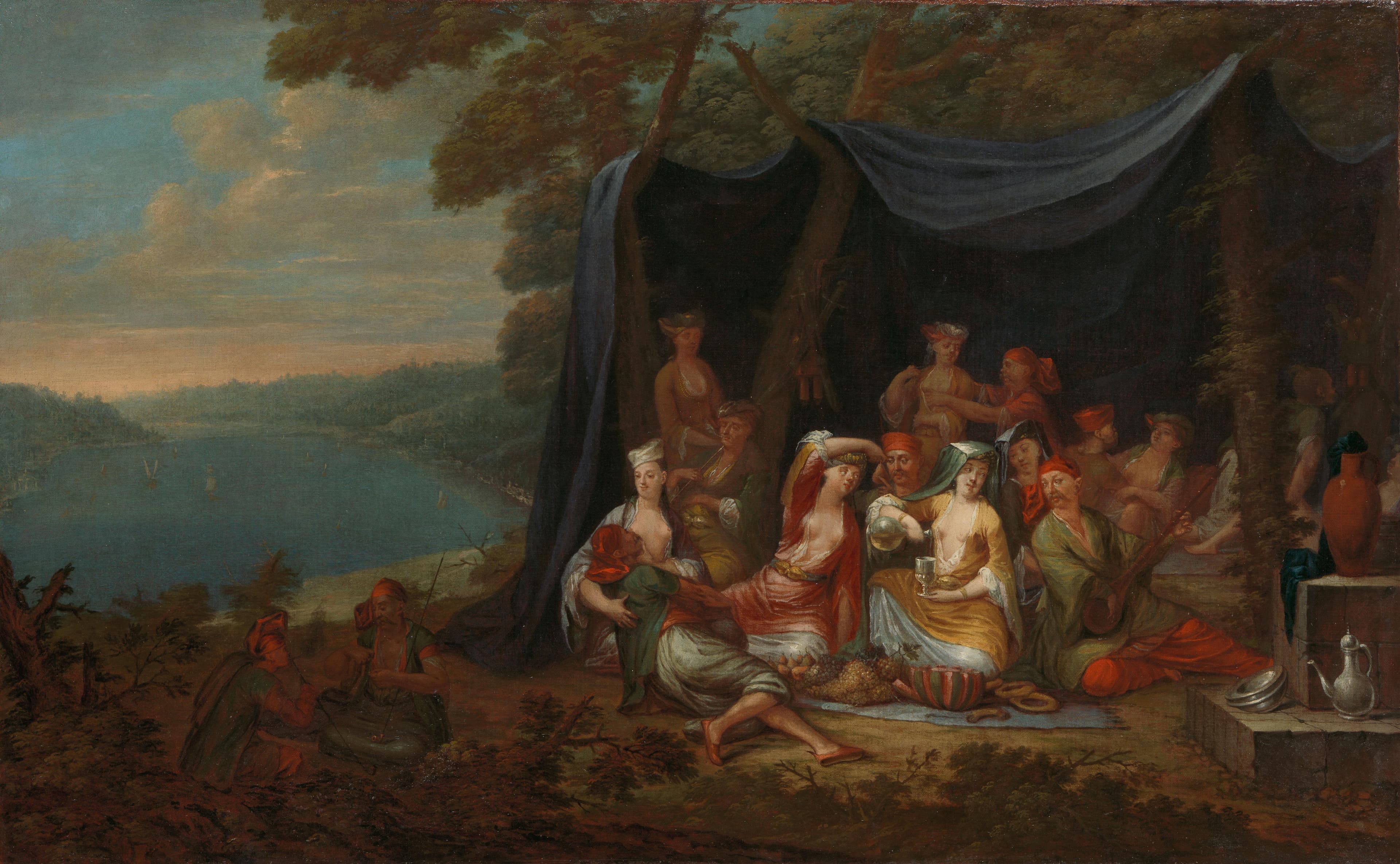 Feestende Turkse hovelingen voor een tent — Jean Baptiste Vanmour